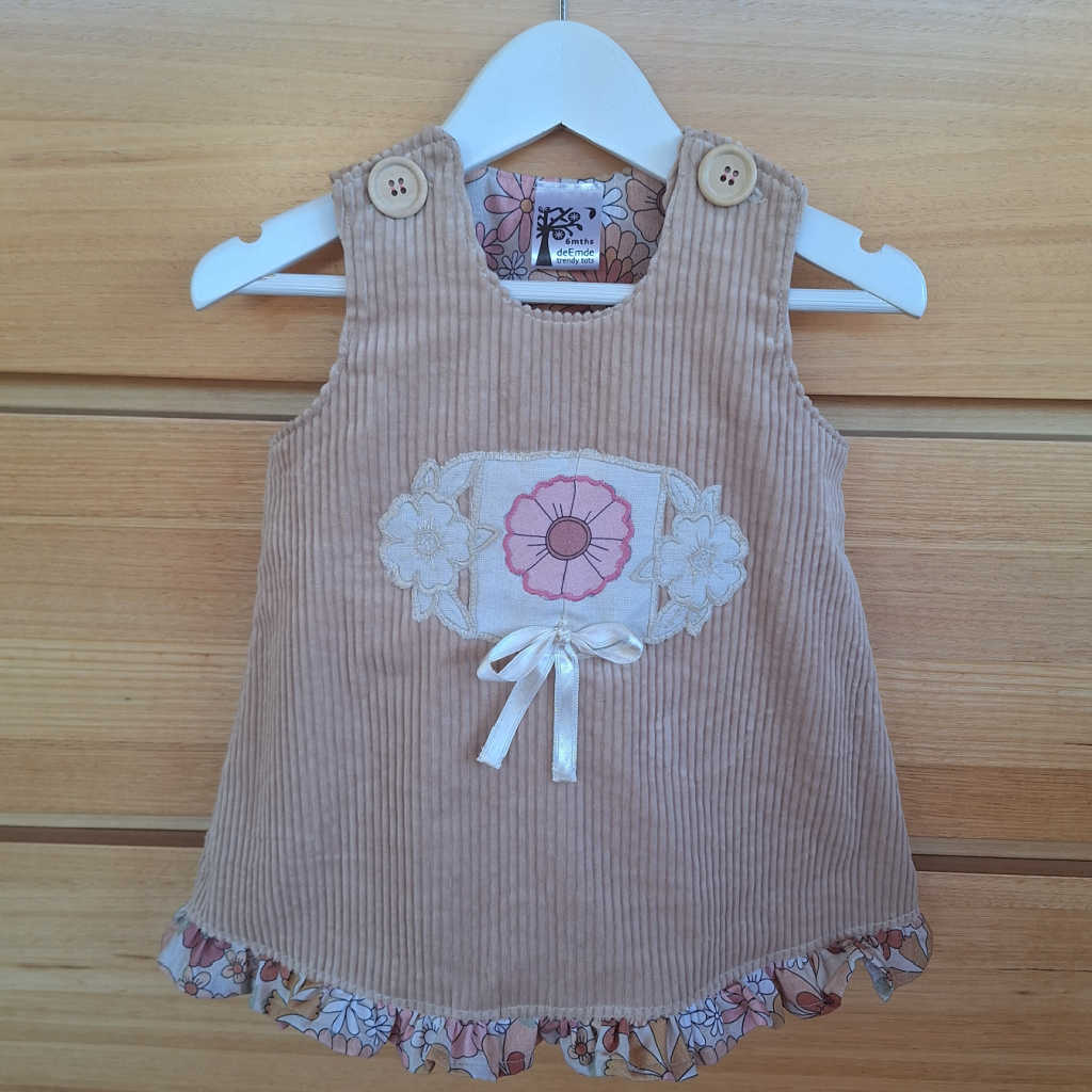 Handmade Baby Girls Beige Pinafore Dress | Size 6-9 Months