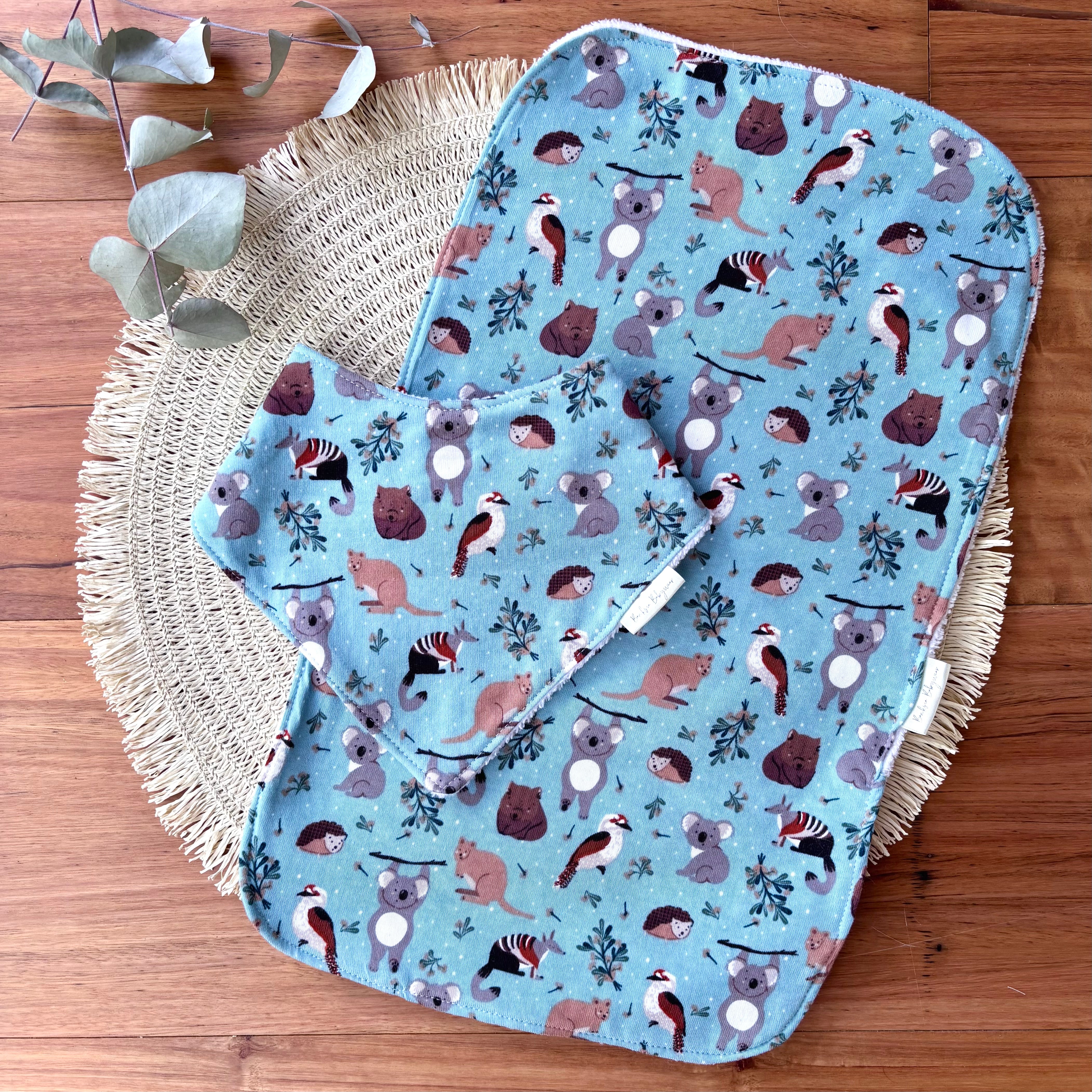 Baby Bib and Burp Cloth Set - Light Blue Aussie Animals