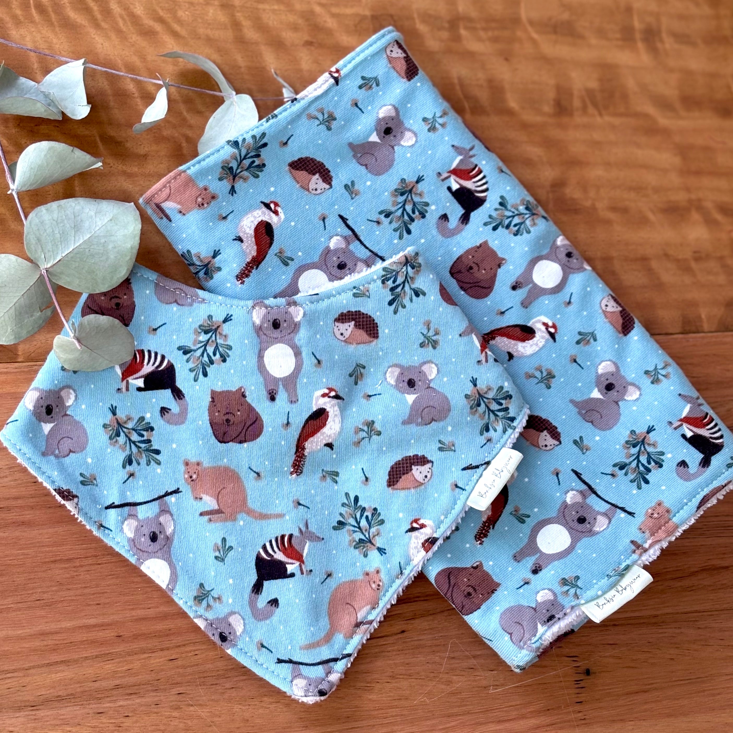 Baby Bib and Burp Cloth Set - Light Blue Aussie Animals