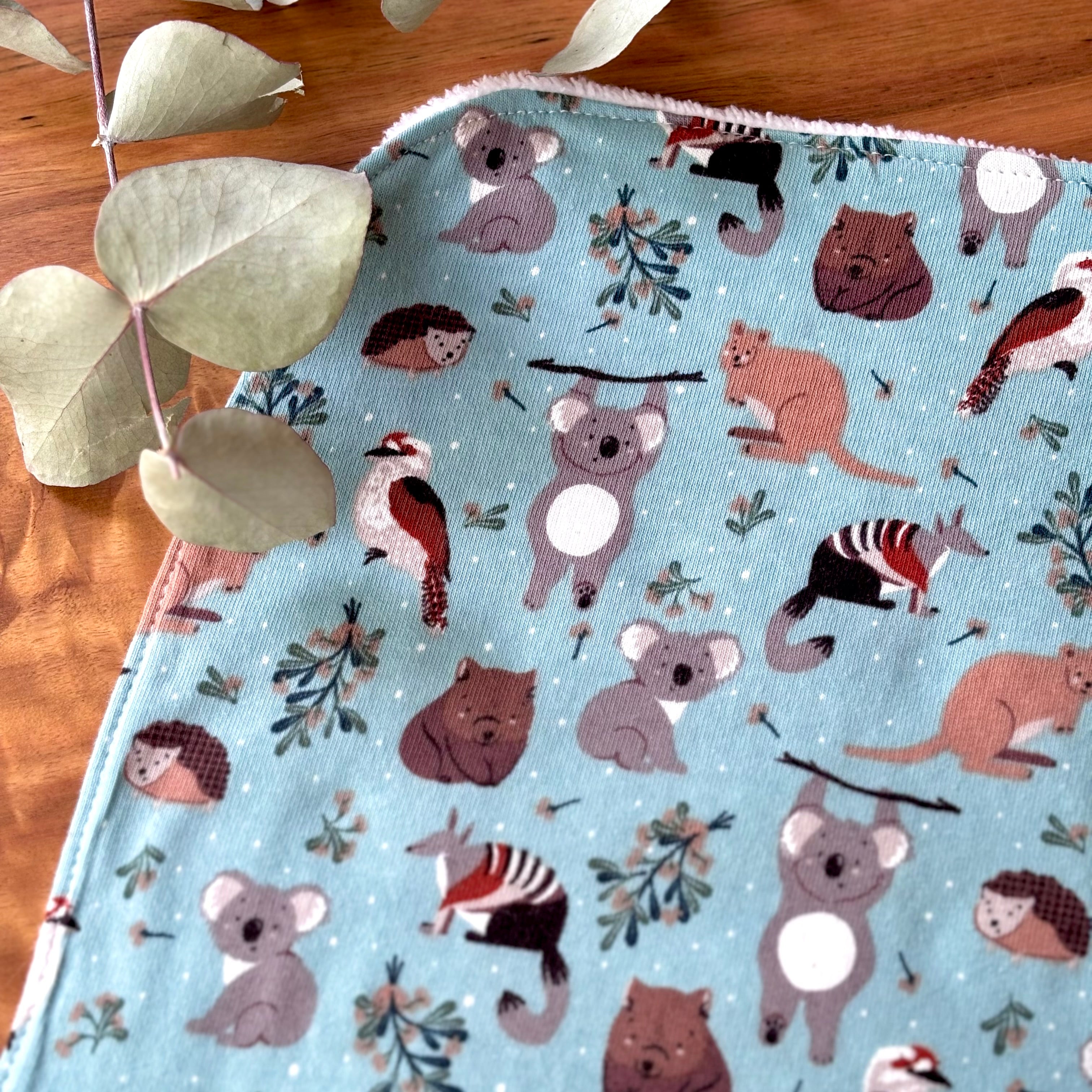 Baby Bib and Burp Cloth Set - Light Blue Aussie Animals