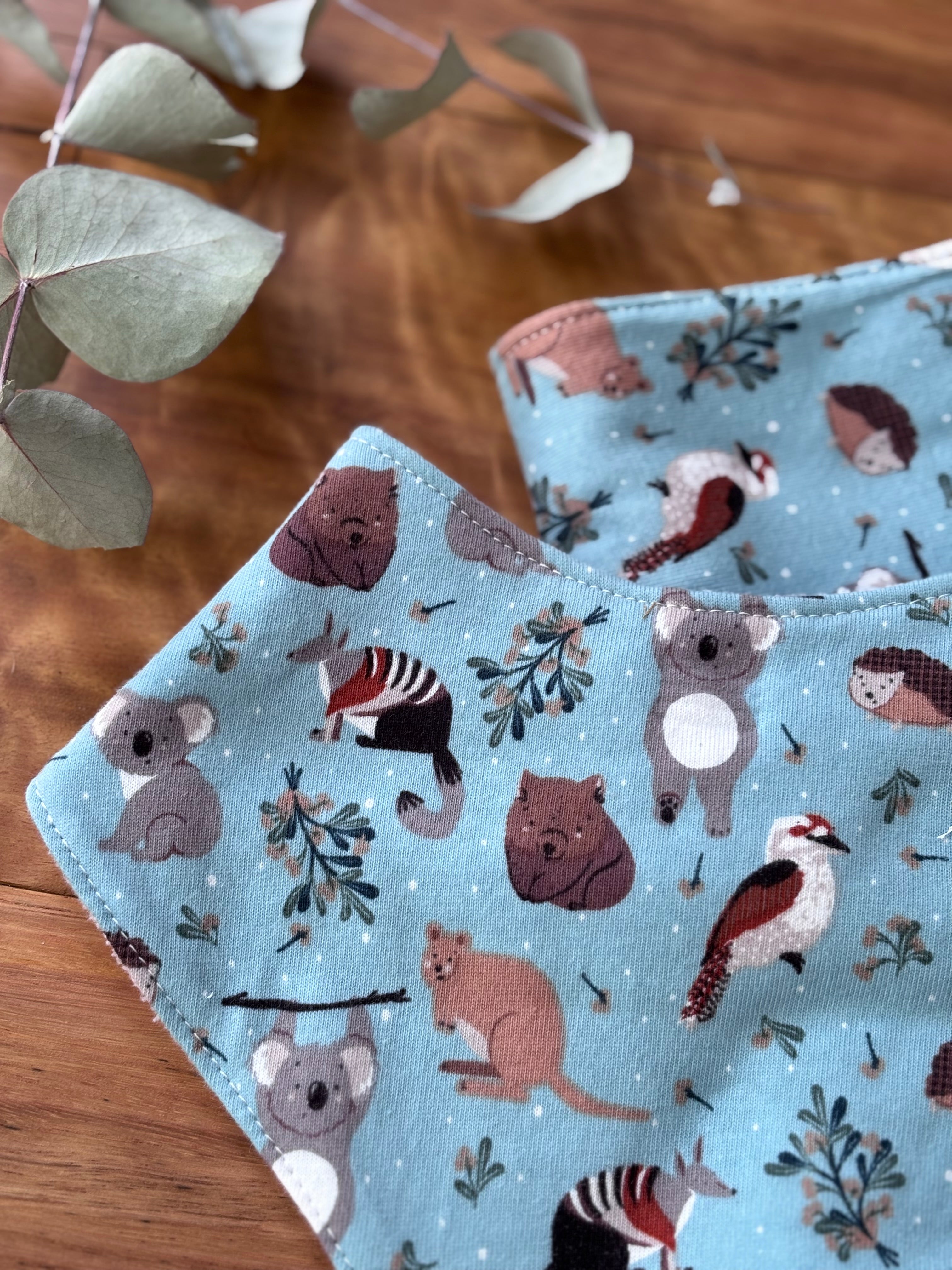 Baby Bib and Burp Cloth Set - Light Blue Aussie Animals