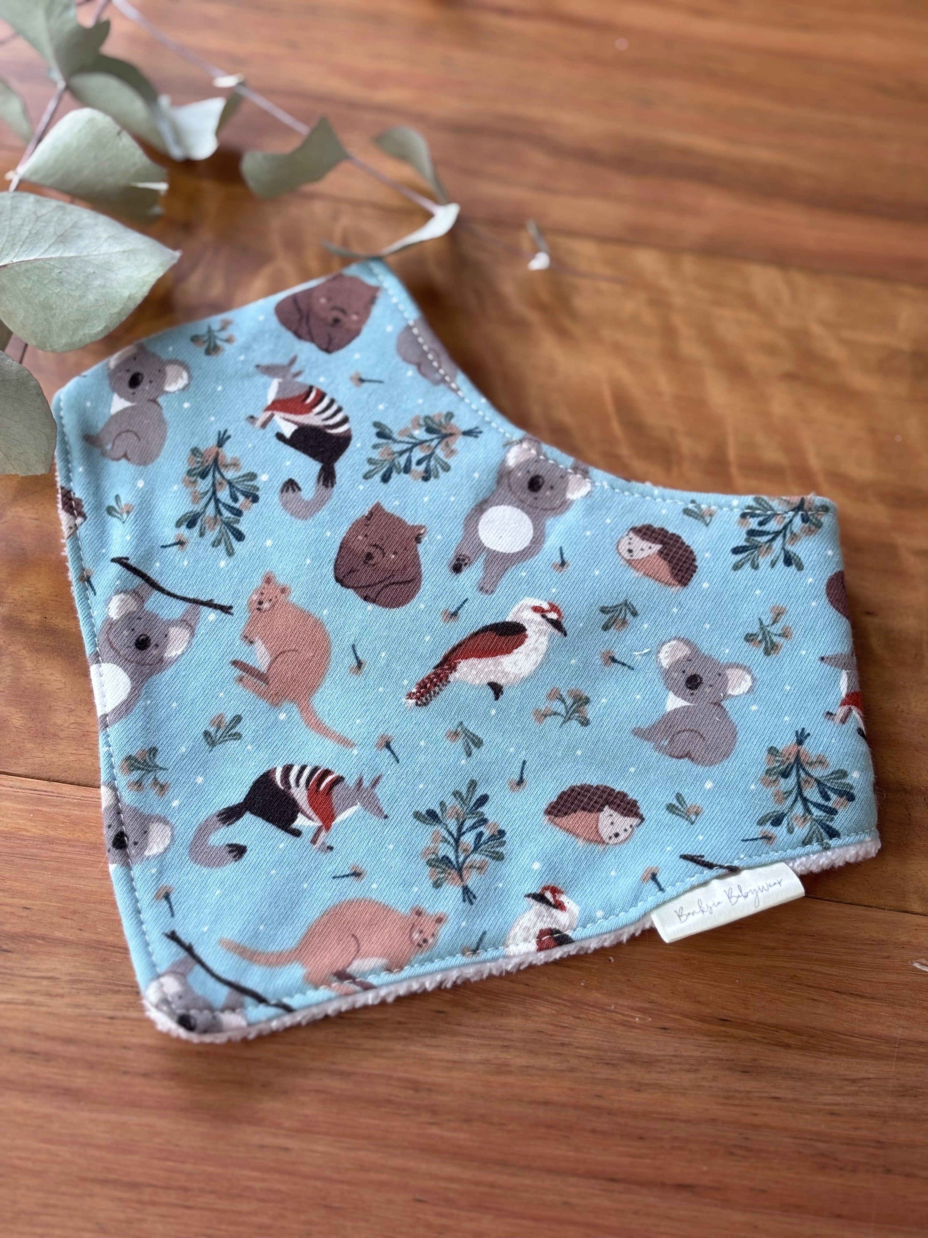 Baby Bib and Burp Cloth Set - Light Blue Aussie Animals