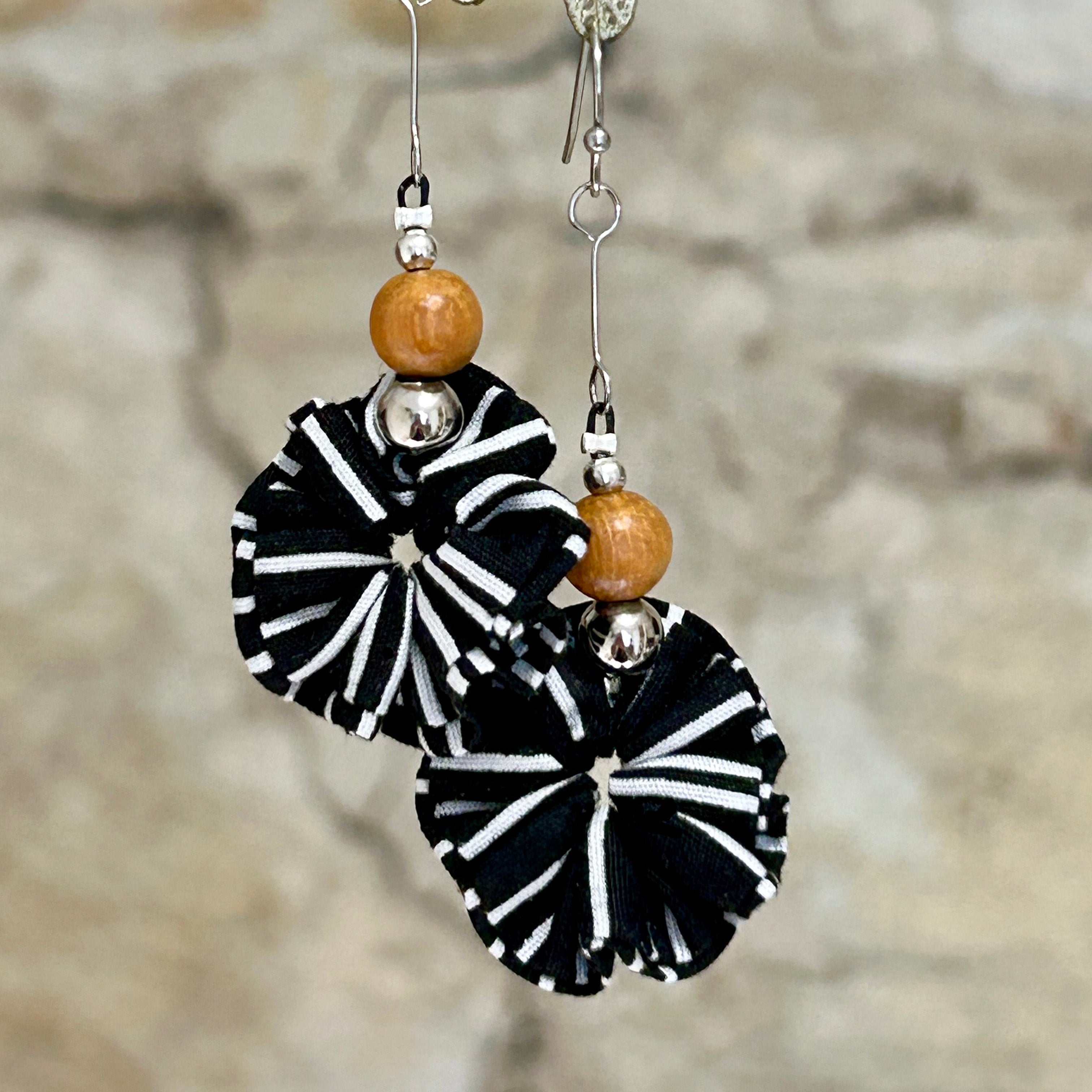 Earrings Black White Textile Wooden Beads - EBW-114