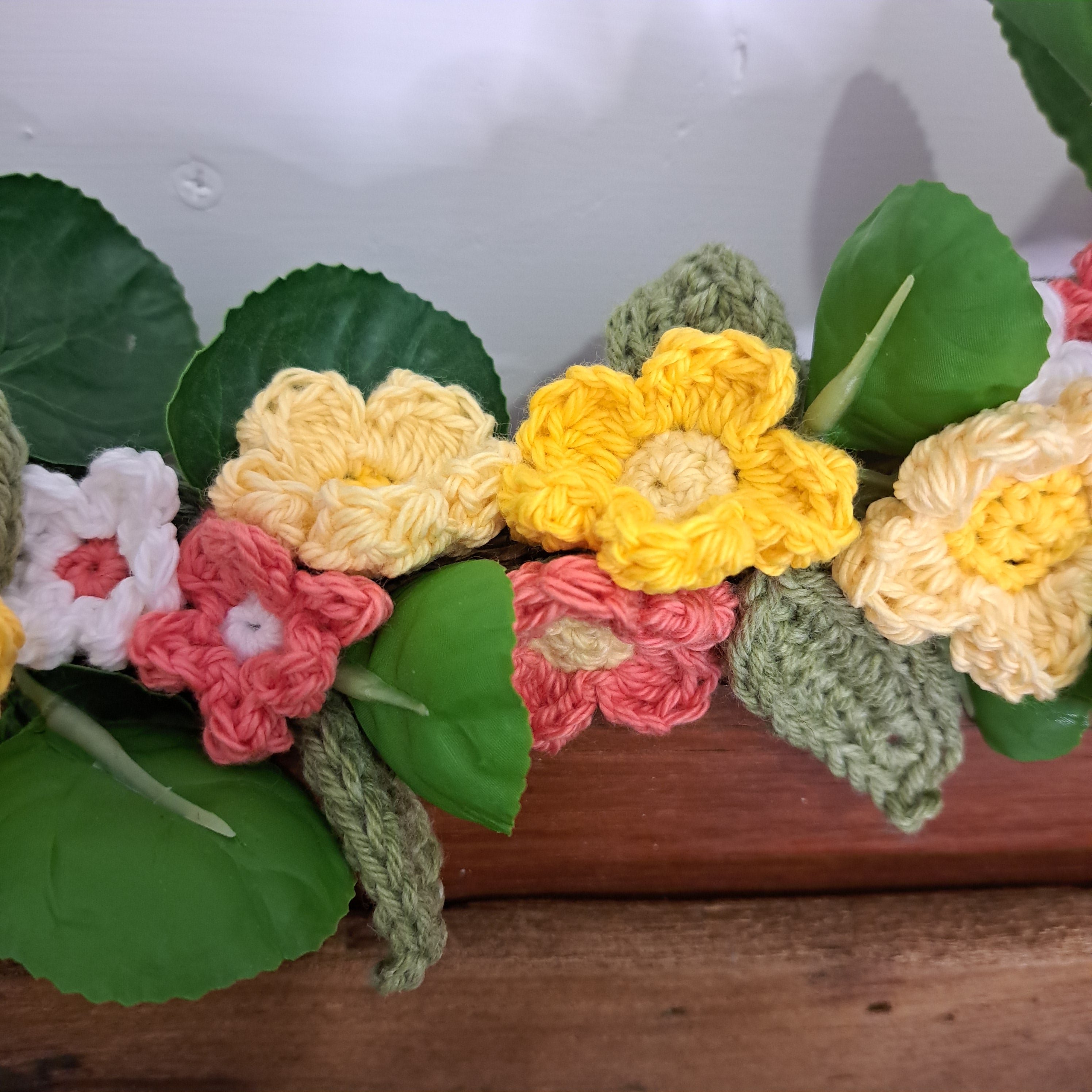 Handmade crochet spring flower wreath, yellows, pinks, white