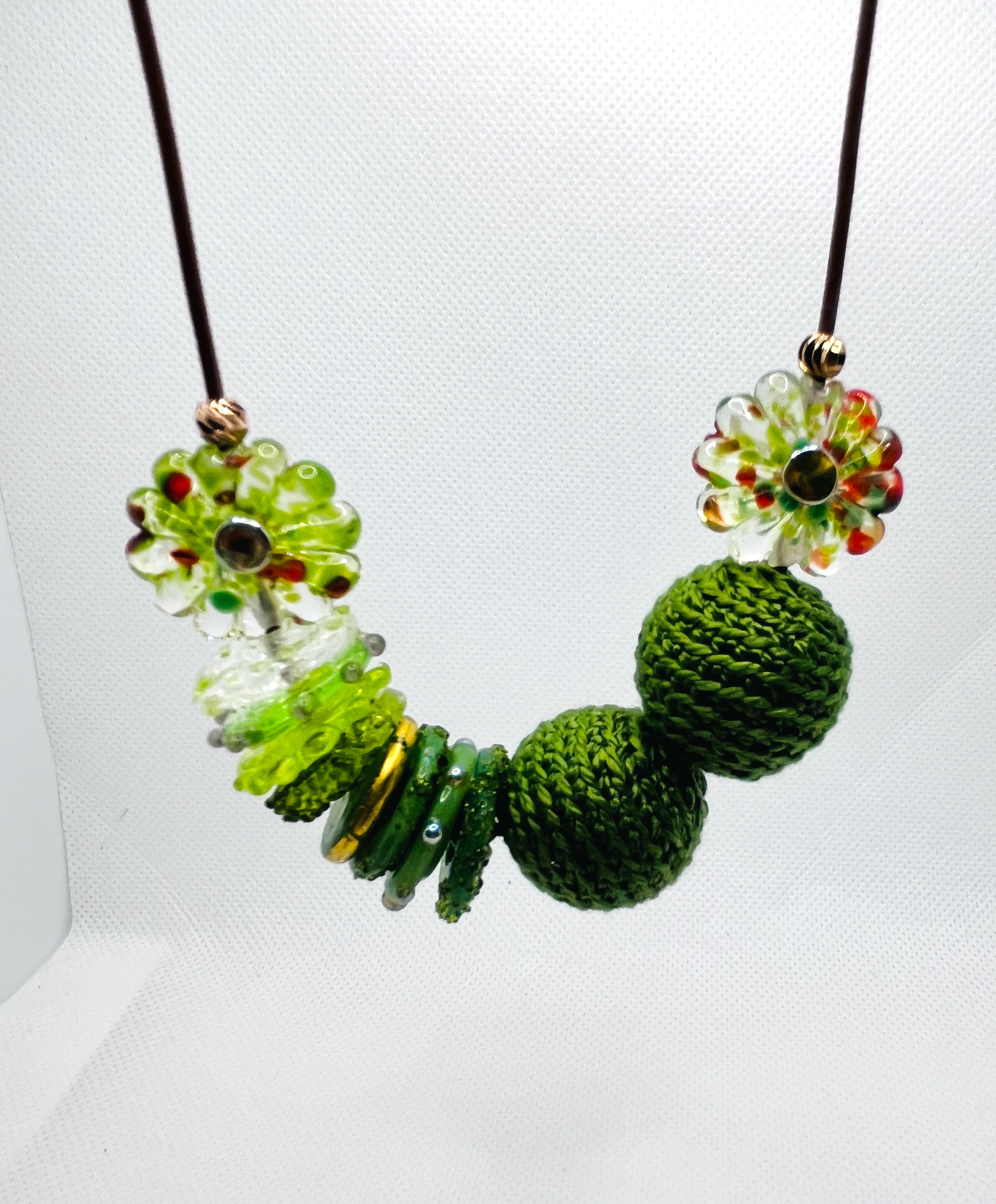 Handmade strand necklace - crochet and glass