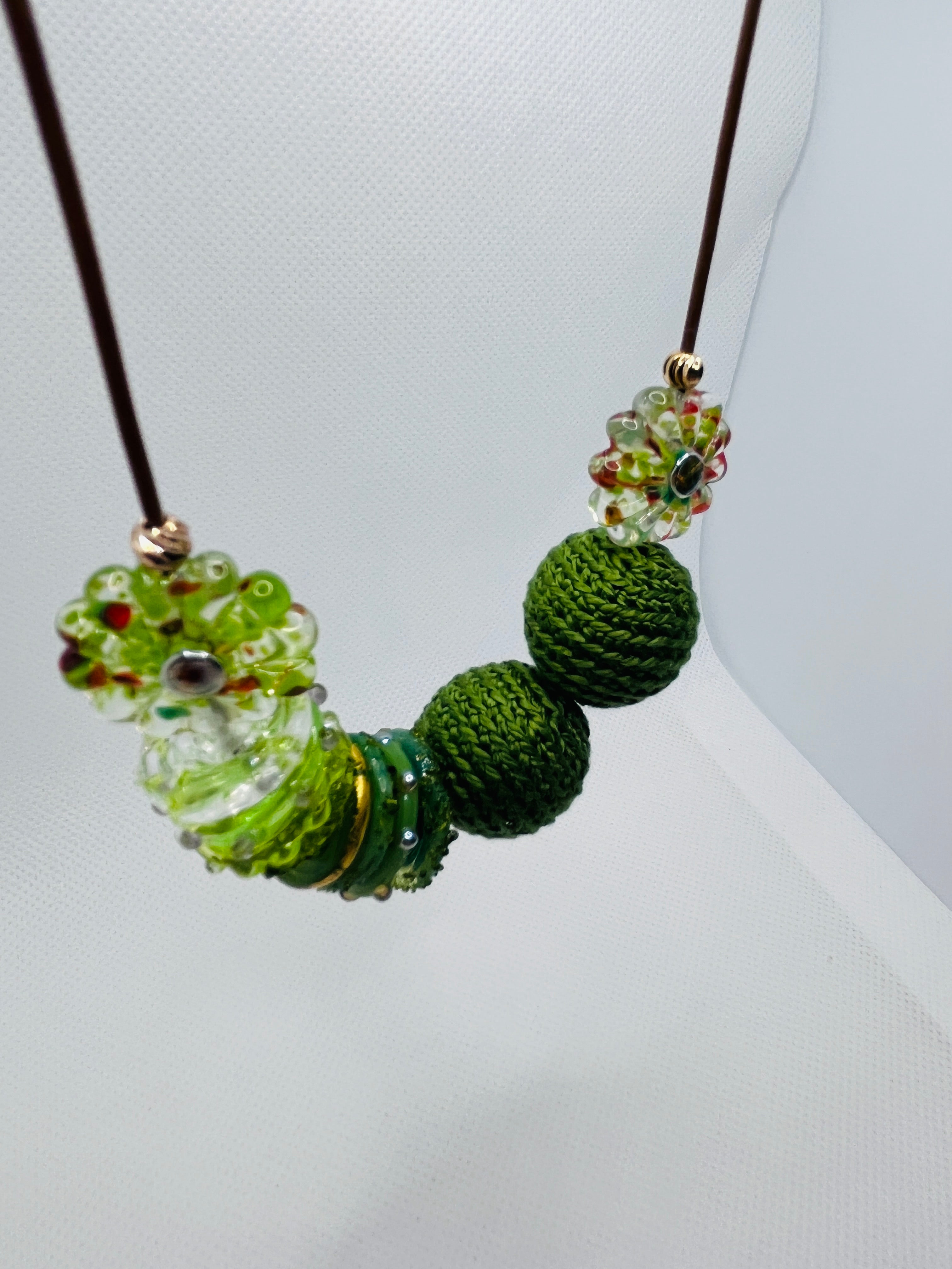 Handmade strand necklace - crochet and glass