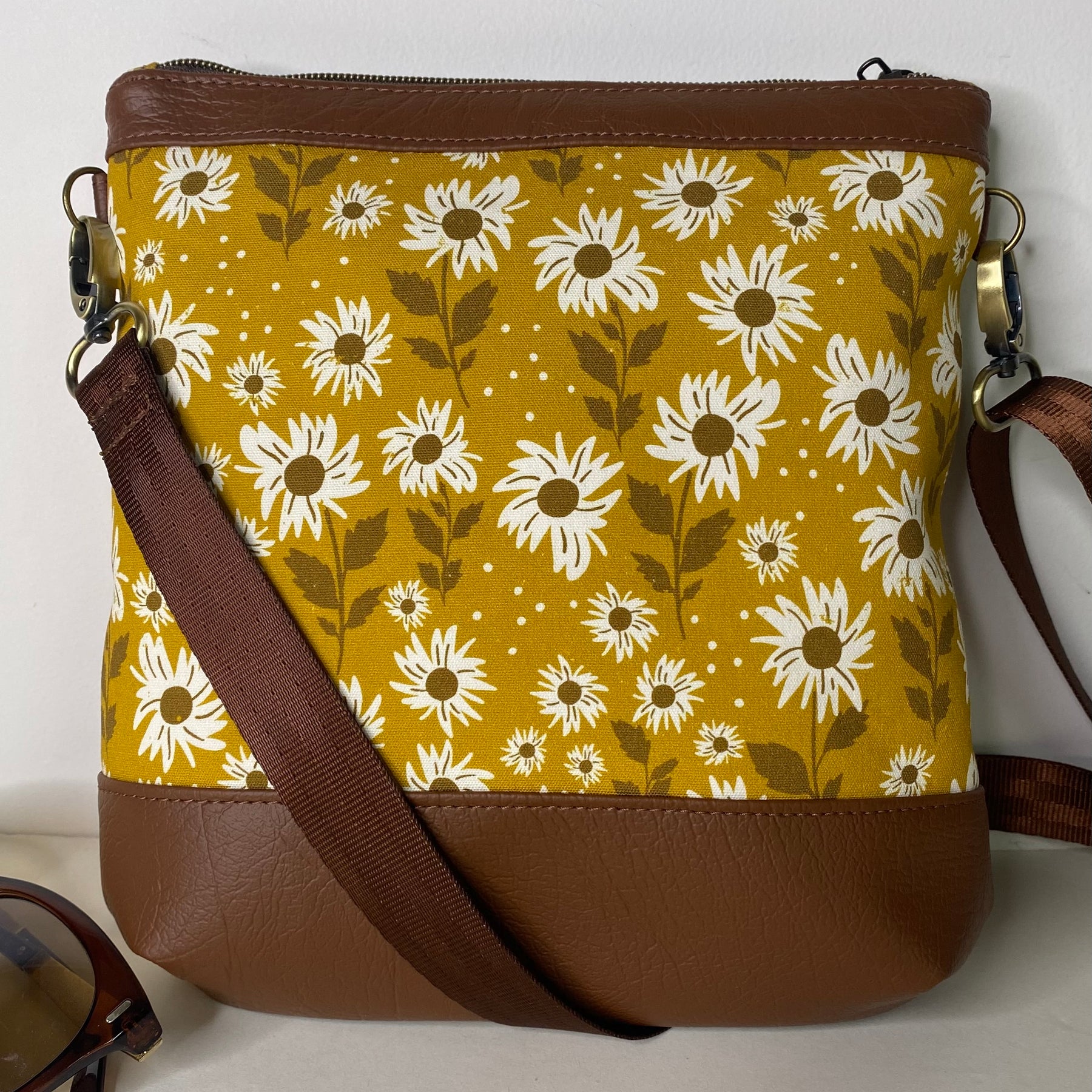Mia Crossbody Bag - White Sunflowers on Mustard with Dark Brown Faux Leather