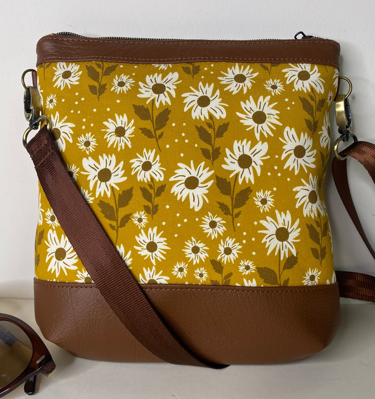 Mia Crossbody Bag - White Sunflowers on Mustard with Dark Brown Faux Leather