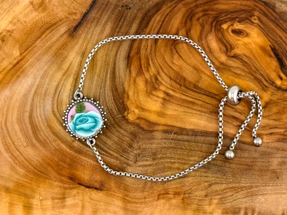 Pale Green Rose Stainless Steel Adjustable Slider Bracelet