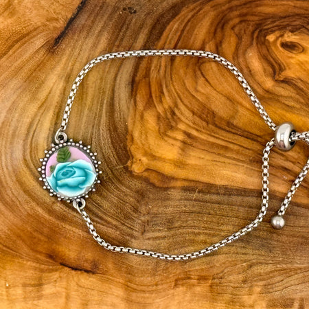 Pale Green Rose Stainless Steel Adjustable Slider Bracelet