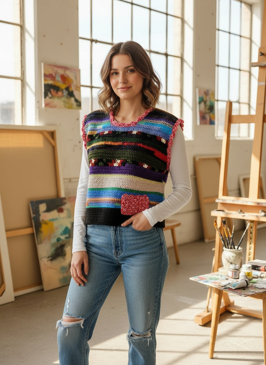 Handcrafted Multicolour Striped Crochet Vest — Wearable Art — One of a Kind
