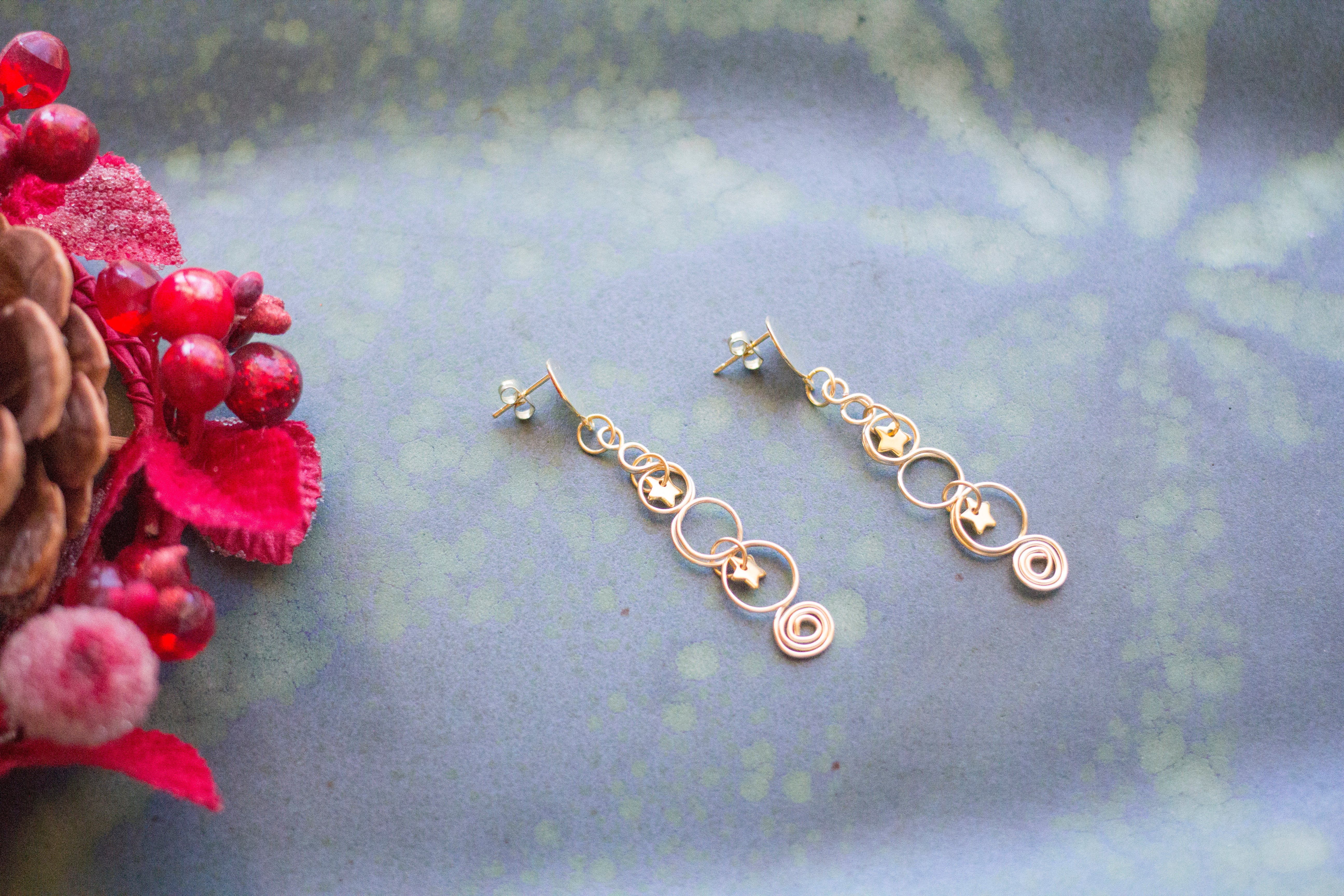 Gold Christmas Tree Earrings With Twinkling Stars | Christmas Jewellery