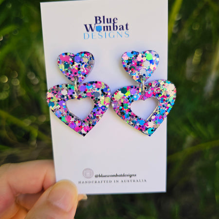 Colourful Love Heart Glitter Resin Dangle Earrings