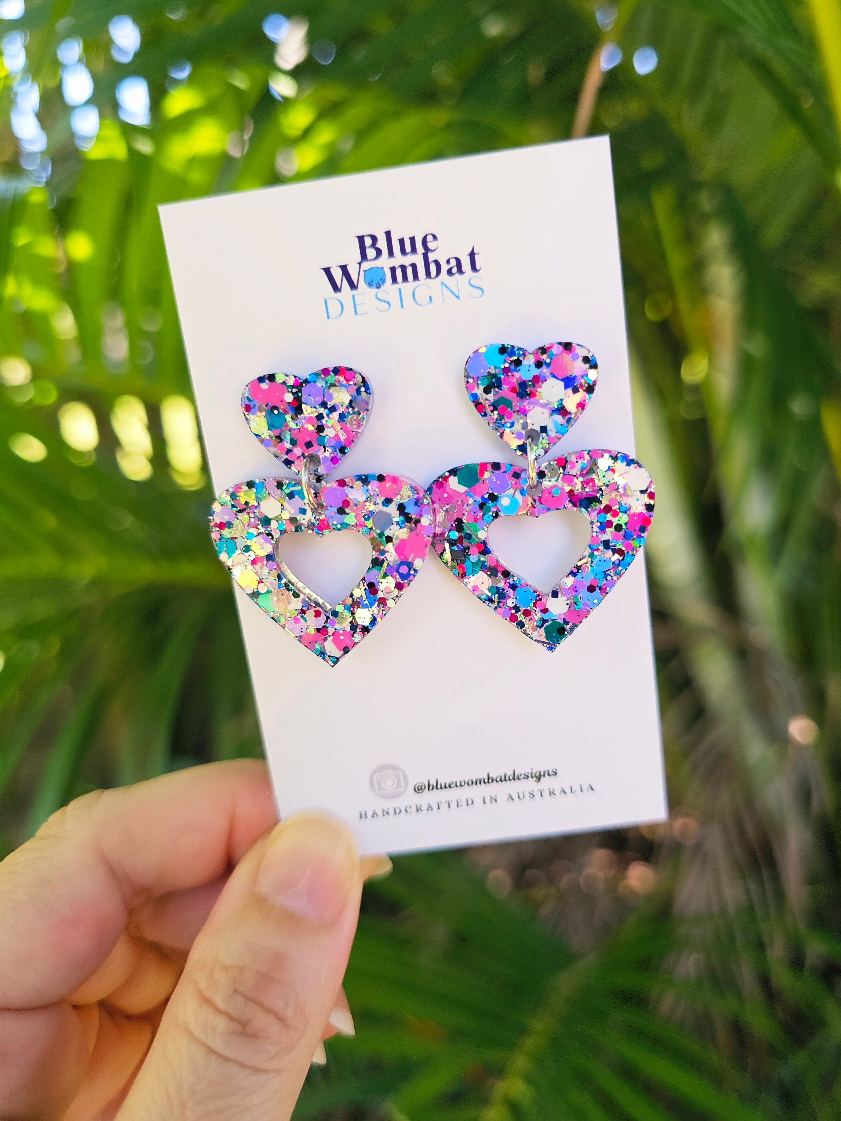 Colourful Love Heart Glitter Resin Dangle Earrings