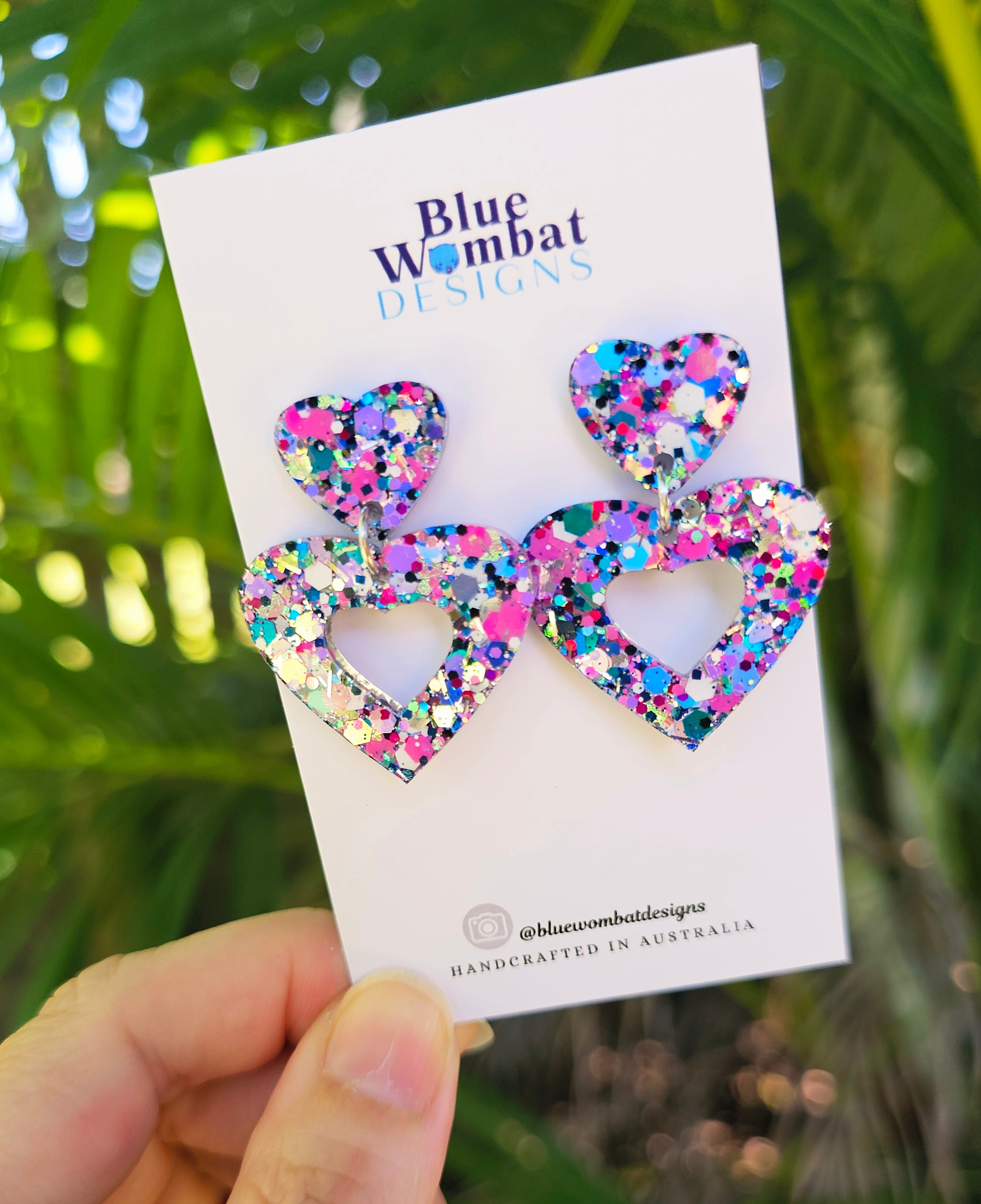 Colourful Love Heart Glitter Resin Dangle Earrings