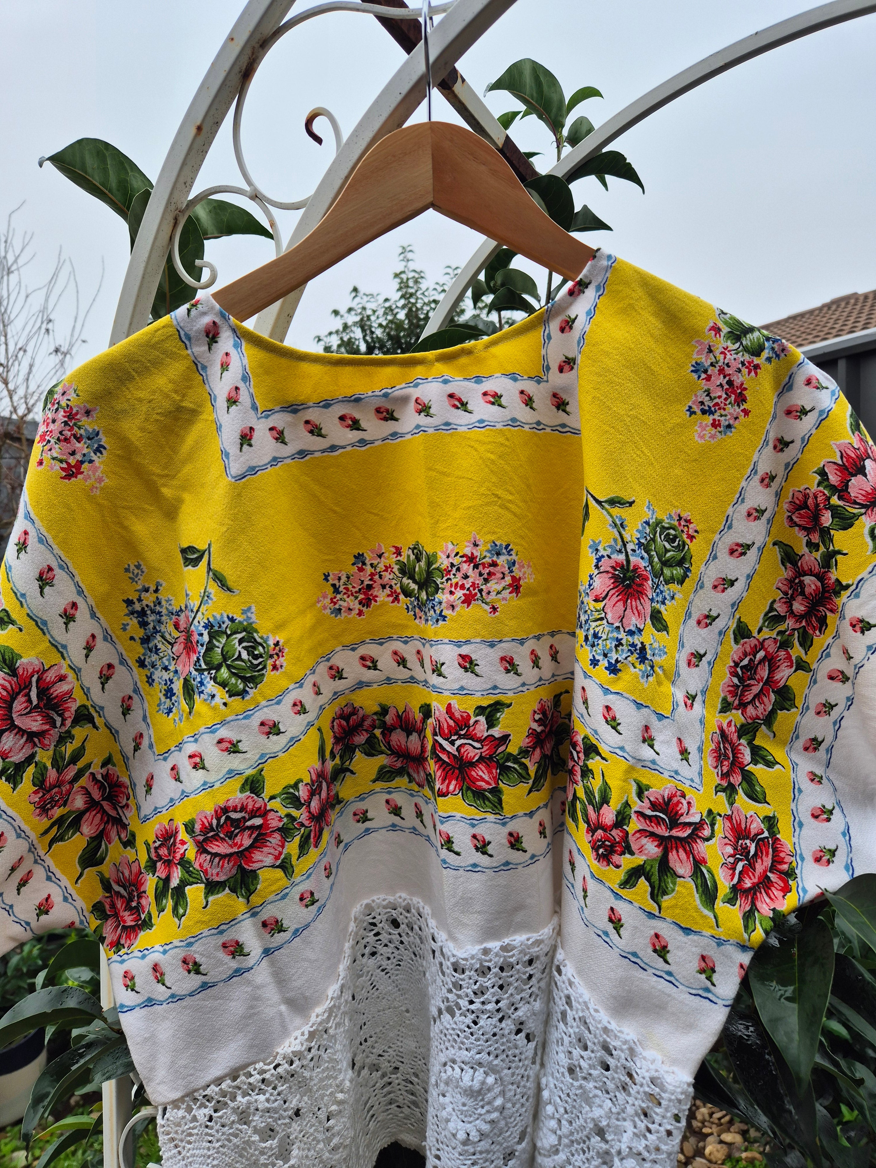 Upcycled Vintage Tablecloth top. Crochet trimmed waist