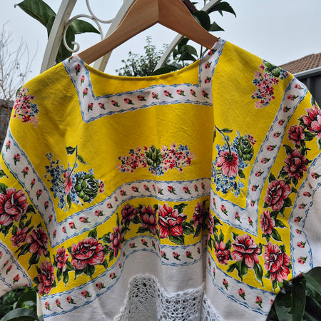 Upcycled Vintage Tablecloth top. Crochet trimmed waist