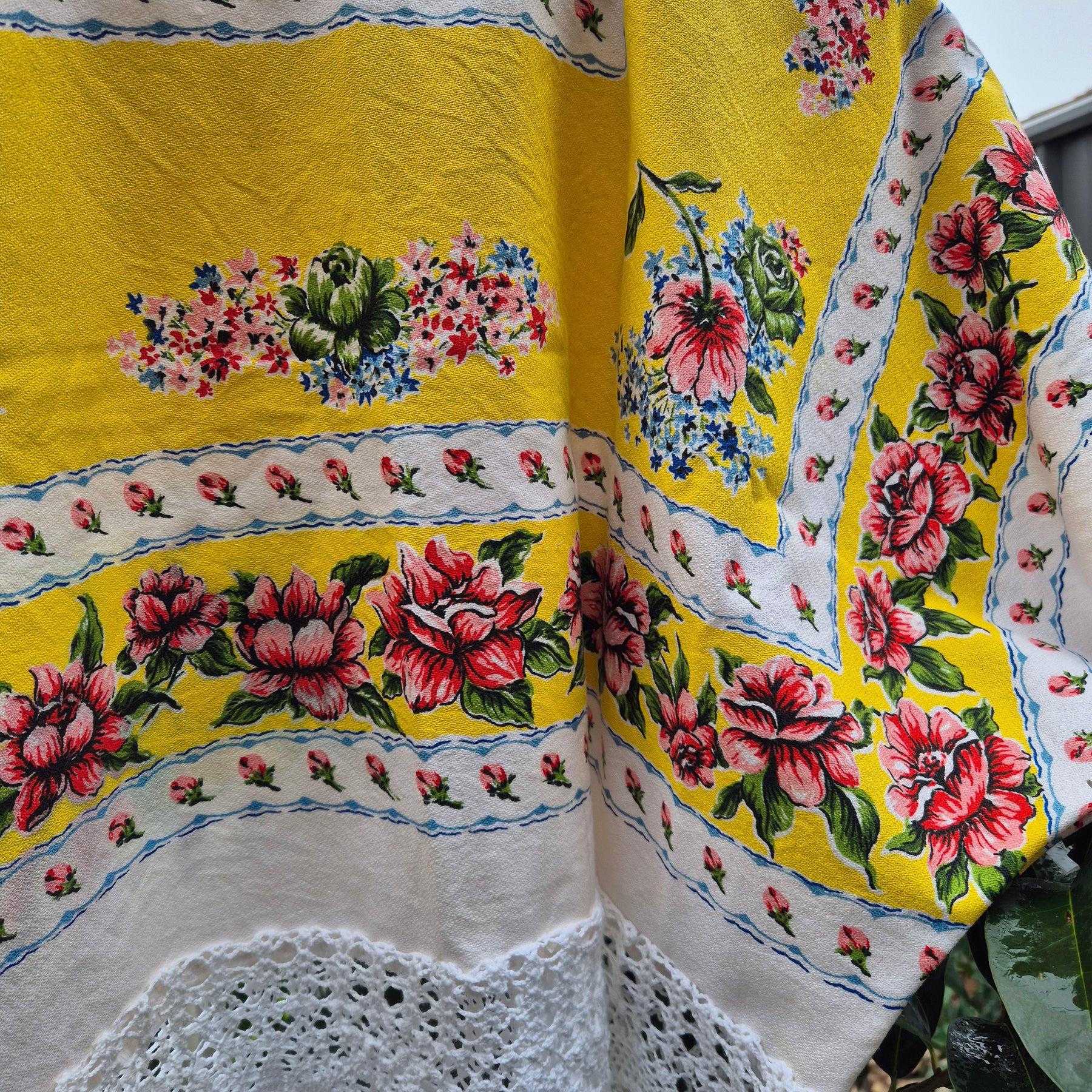 Upcycled Vintage Tablecloth top. Crochet trimmed waist