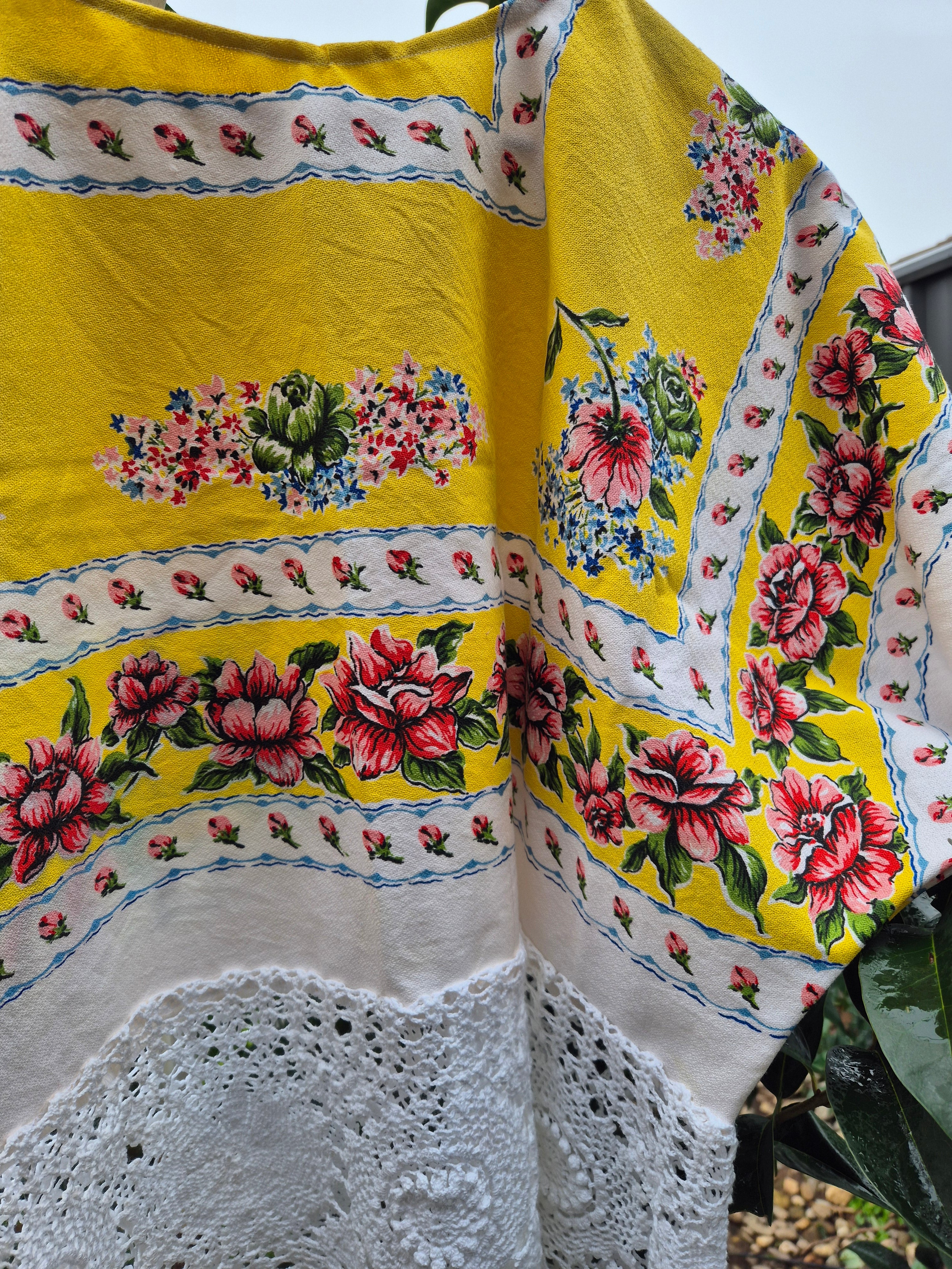 Upcycled Vintage Tablecloth top. Crochet trimmed waist