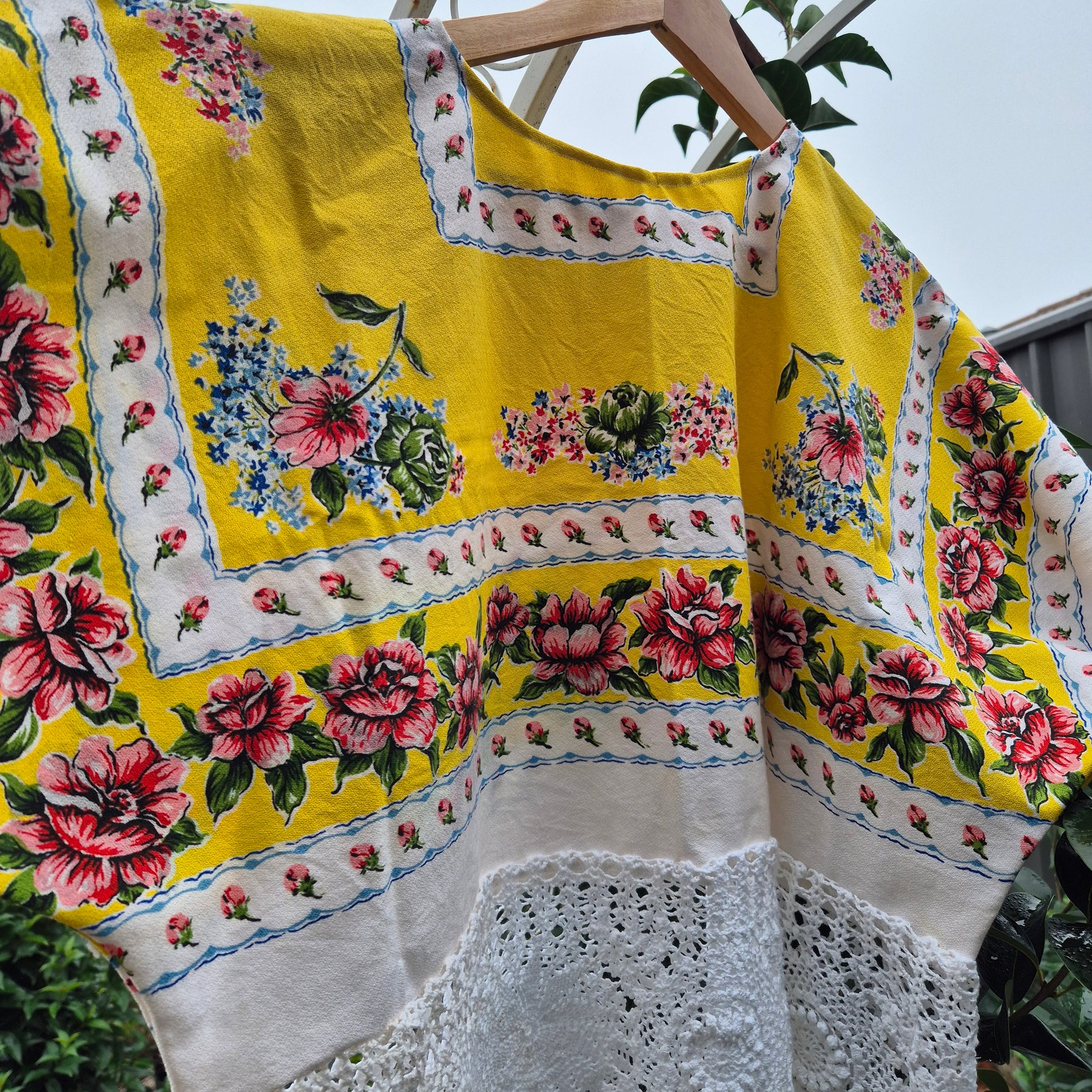 Upcycled Vintage Tablecloth top. Crochet trimmed waist