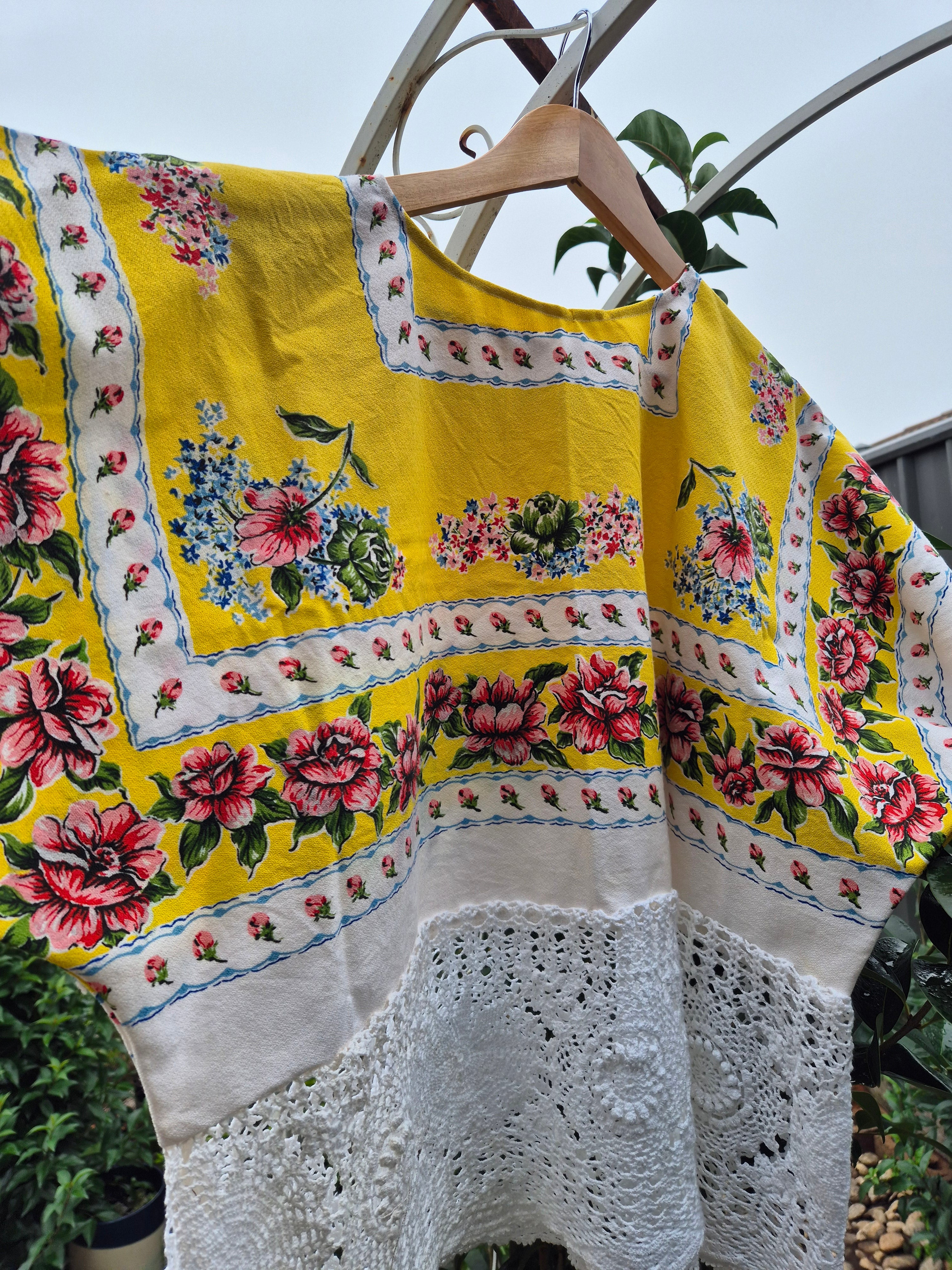Upcycled Vintage Tablecloth top. Crochet trimmed waist