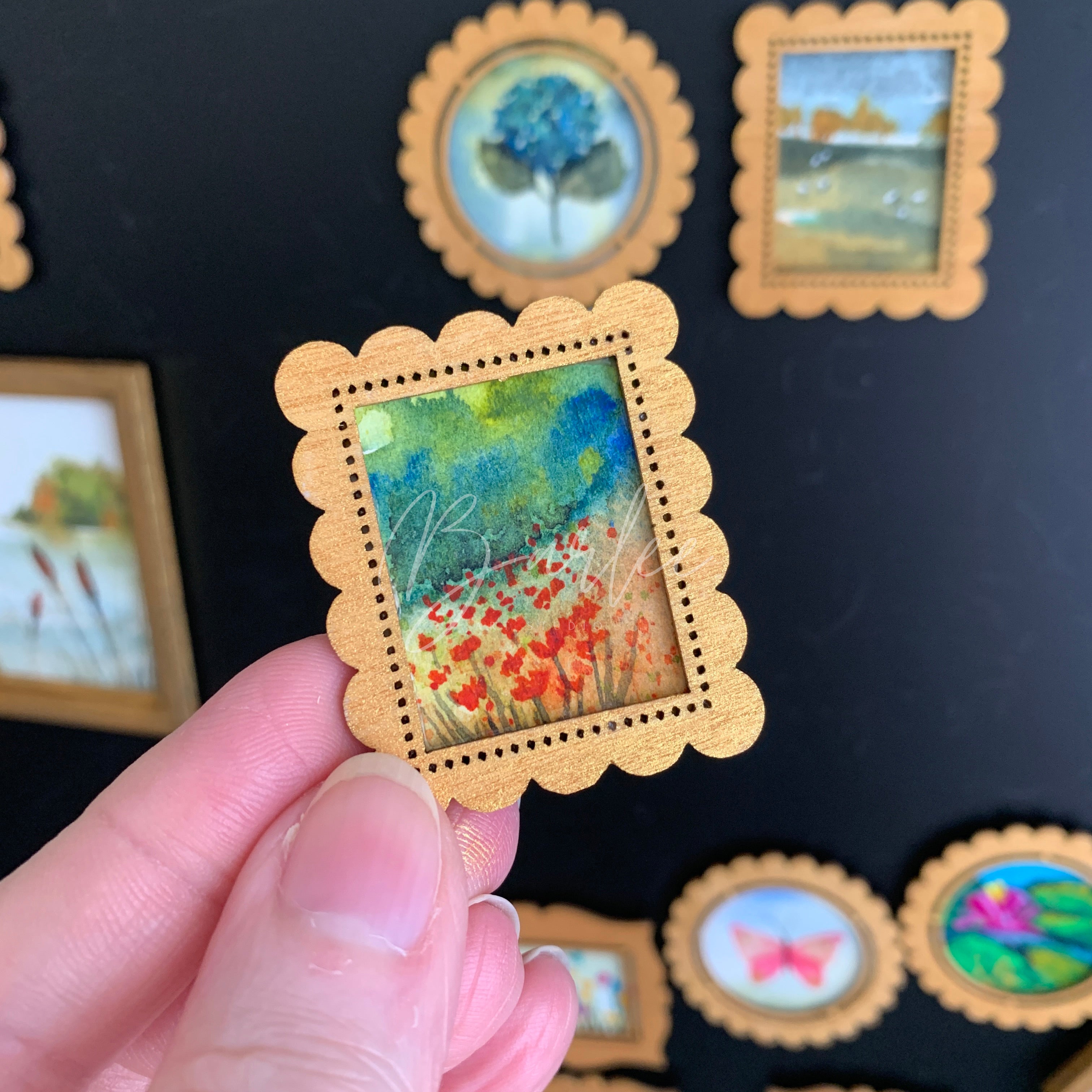 SOLD - Original Hand Painted Fridge Magnet Set - 4 Framed Mini Paintings