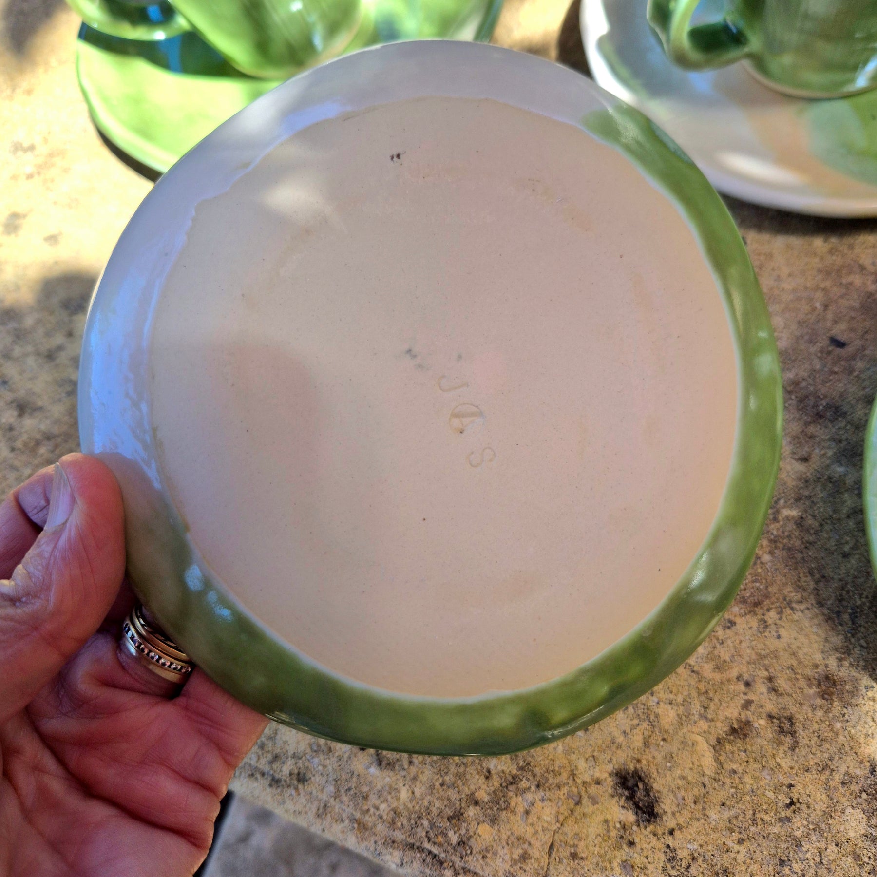 Handmade Ceramic Cup and Side Plate - Sage Green and White