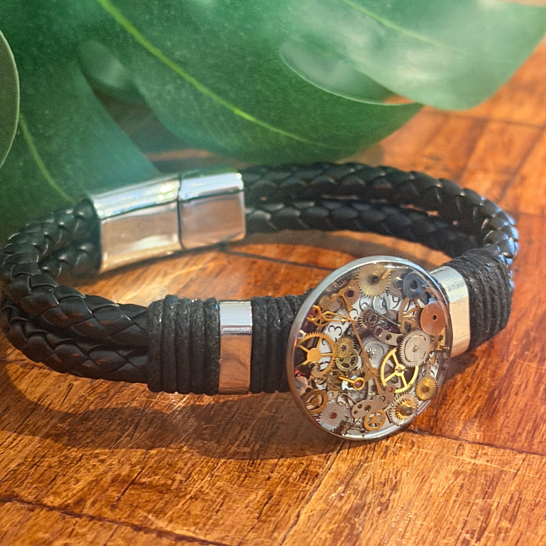 Steampunk watch parts cuff/bracelet black leather
