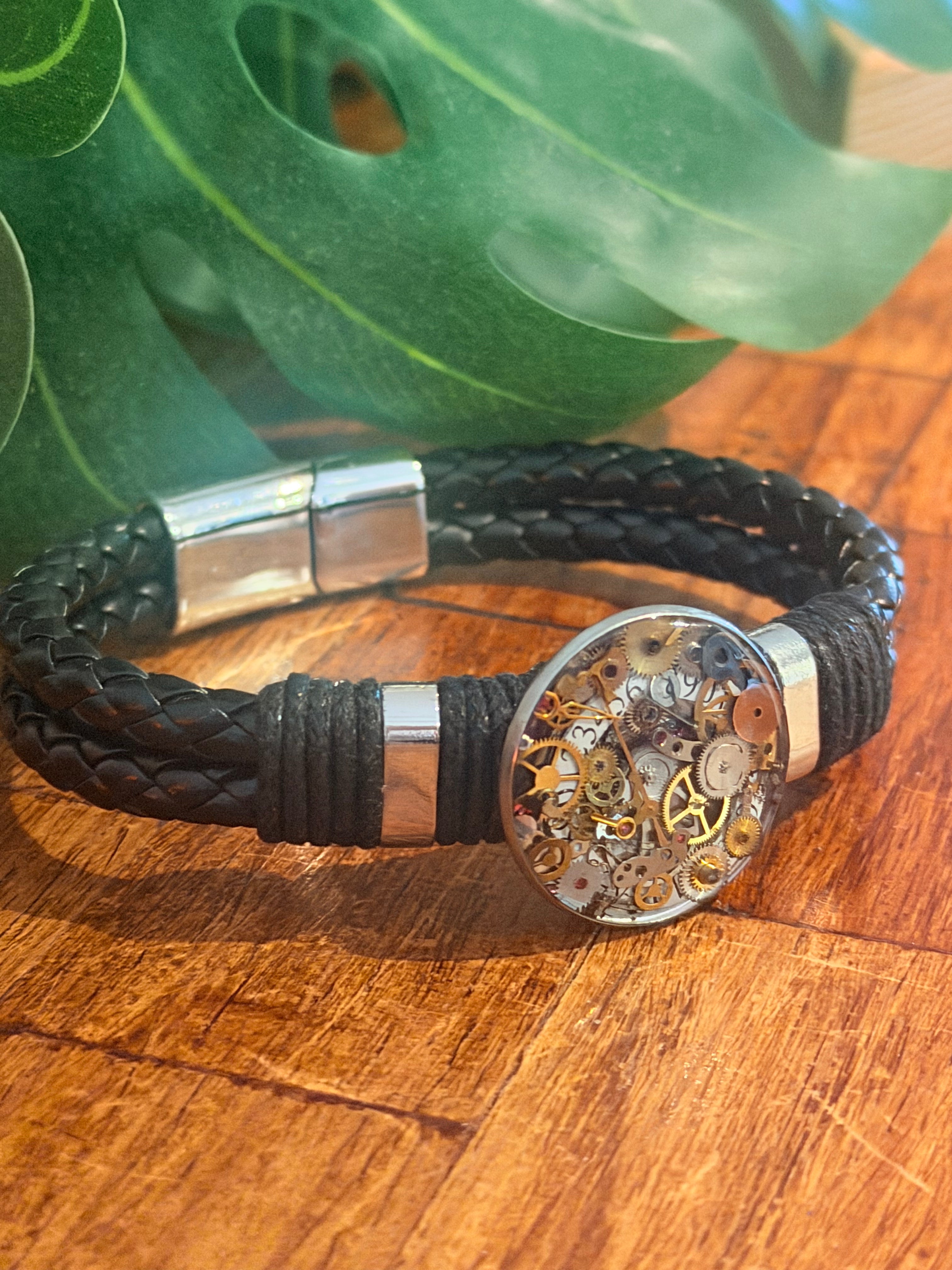 Steampunk watch parts cuff/bracelet black leather