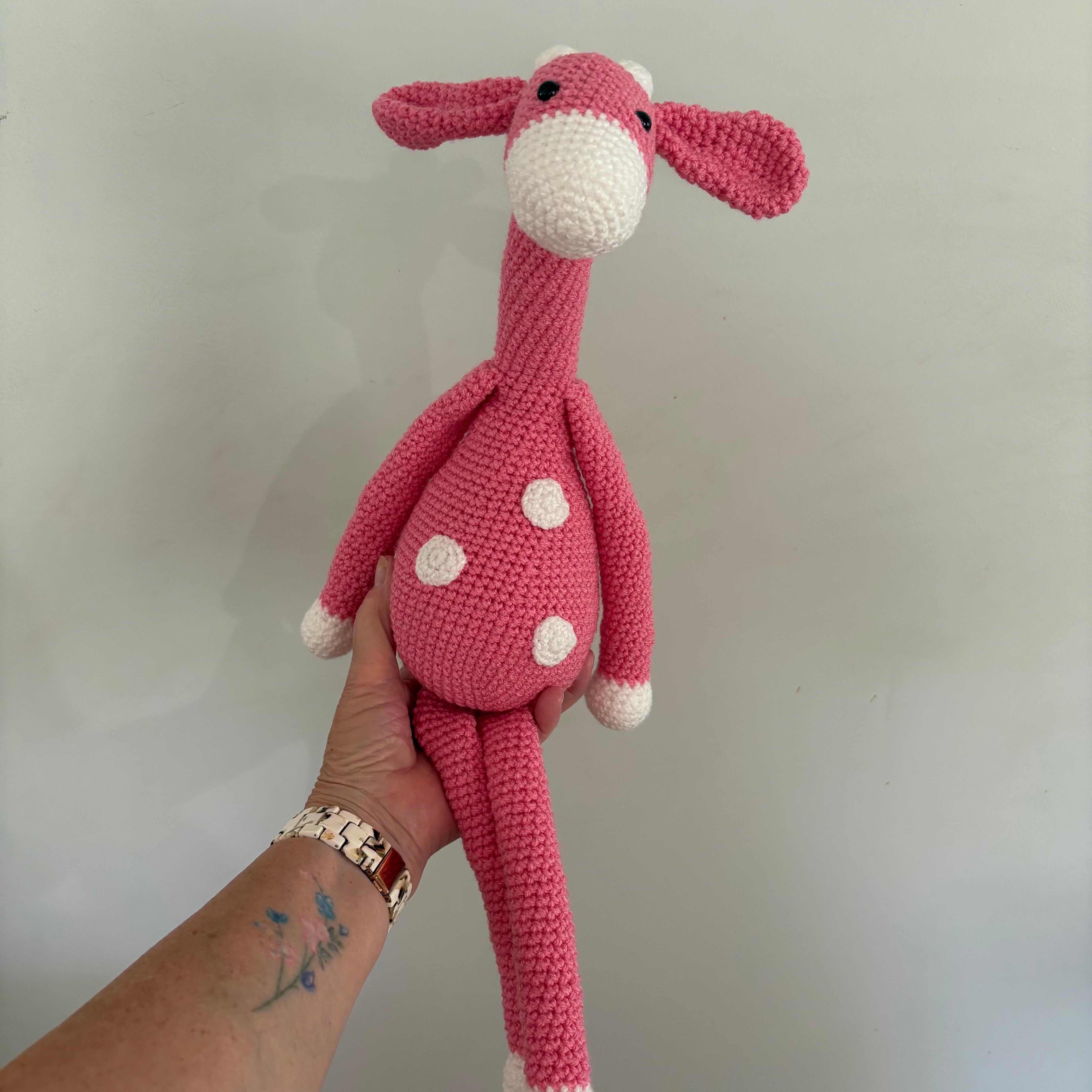 Long legged goofy giraffe crochet soft toy
