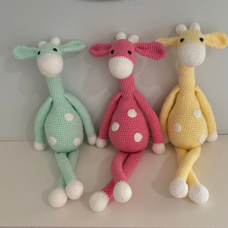 Long legged goofy giraffe crochet soft toy