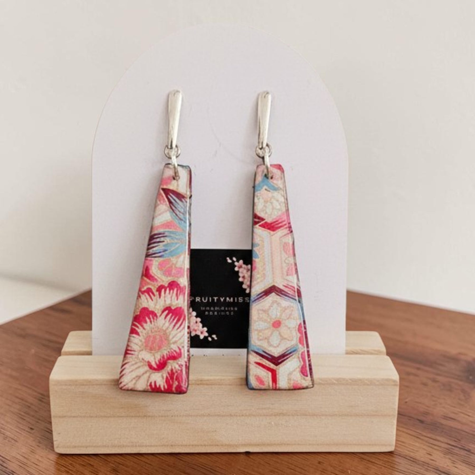 Unique Japanese Chiyogami Paper Earrings - Deep Pink Gold Accent