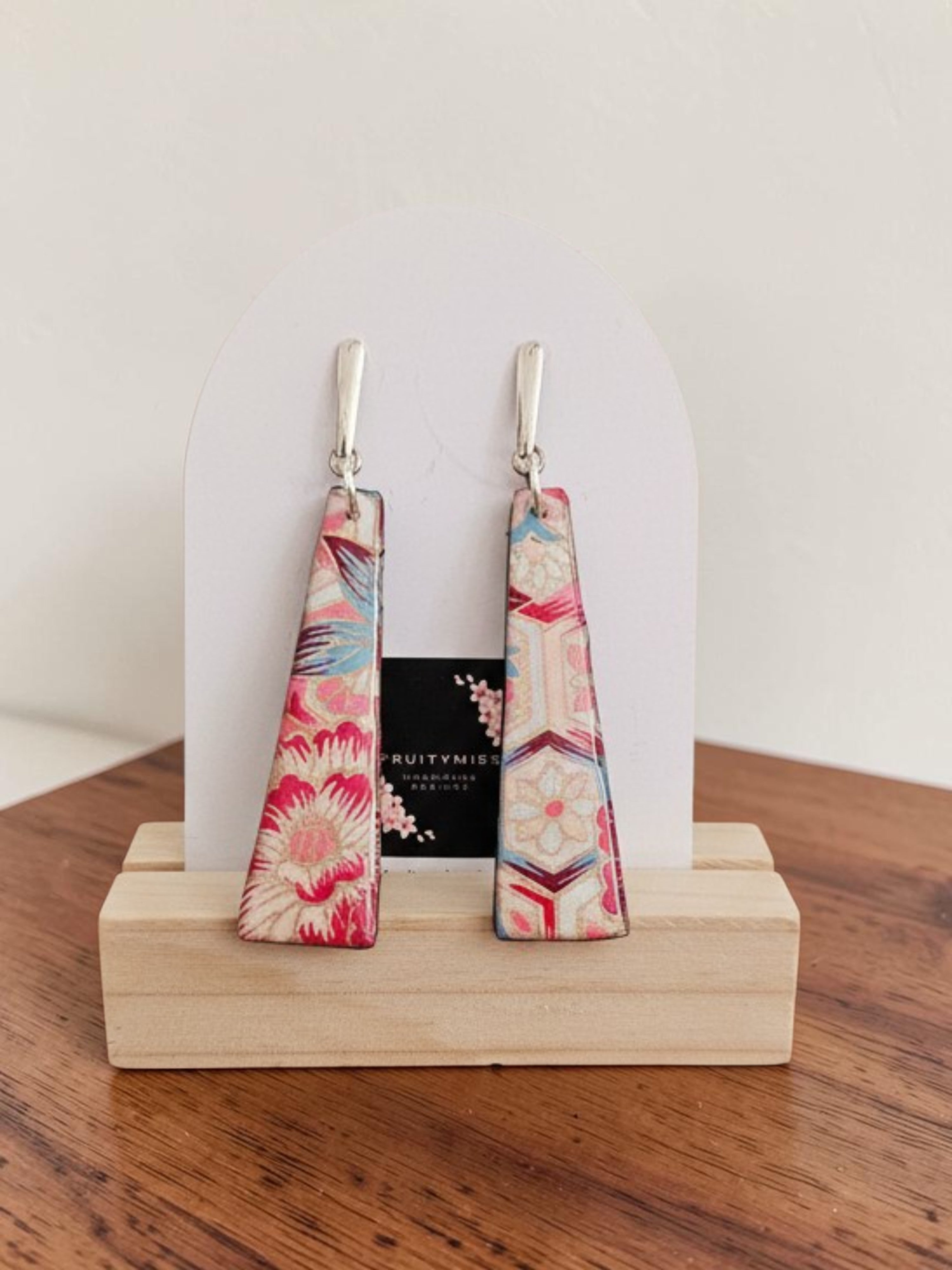 Unique Japanese Chiyogami Paper Earrings - Deep Pink Gold Accent