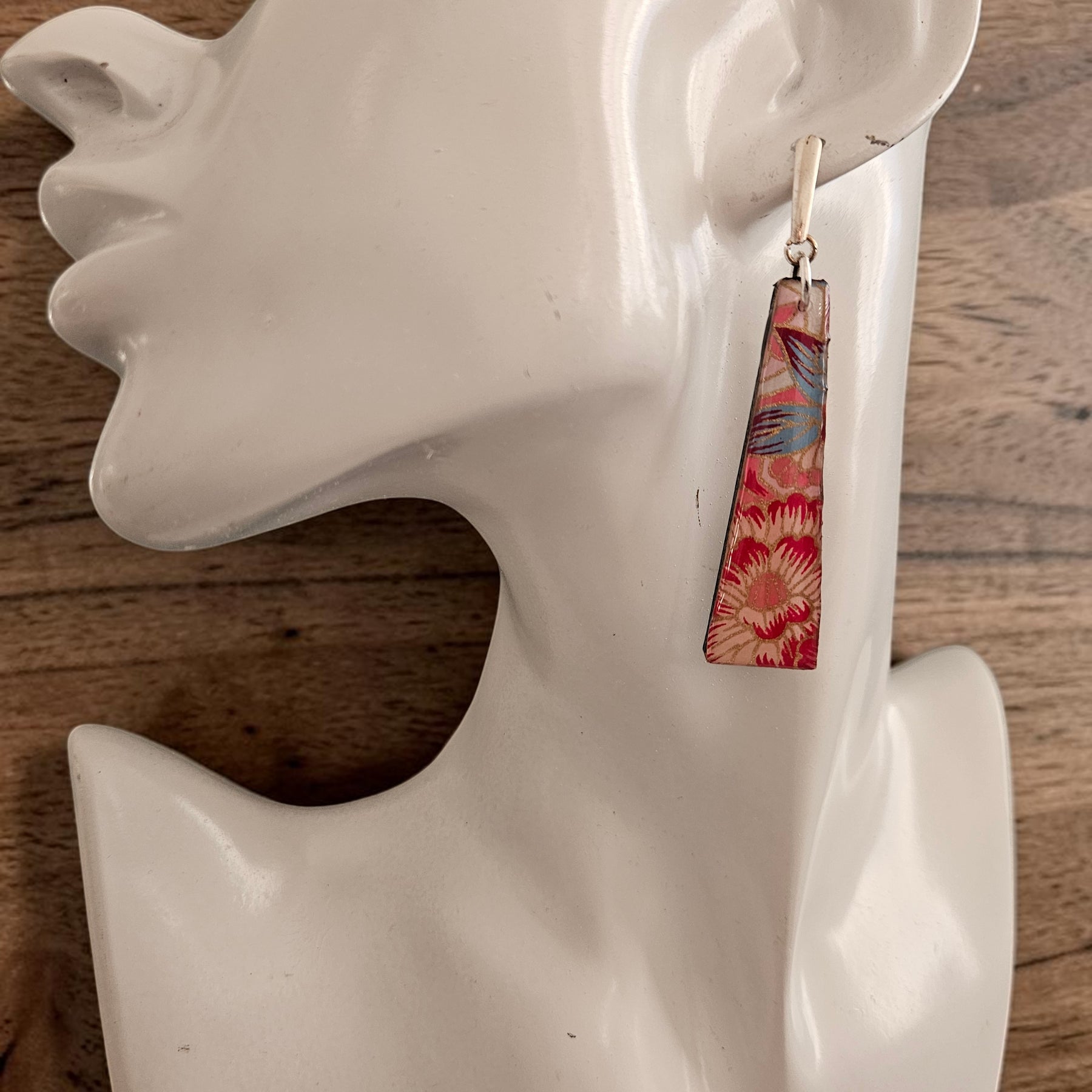 Unique Japanese Chiyogami Paper Earrings - Deep Pink Gold Accent