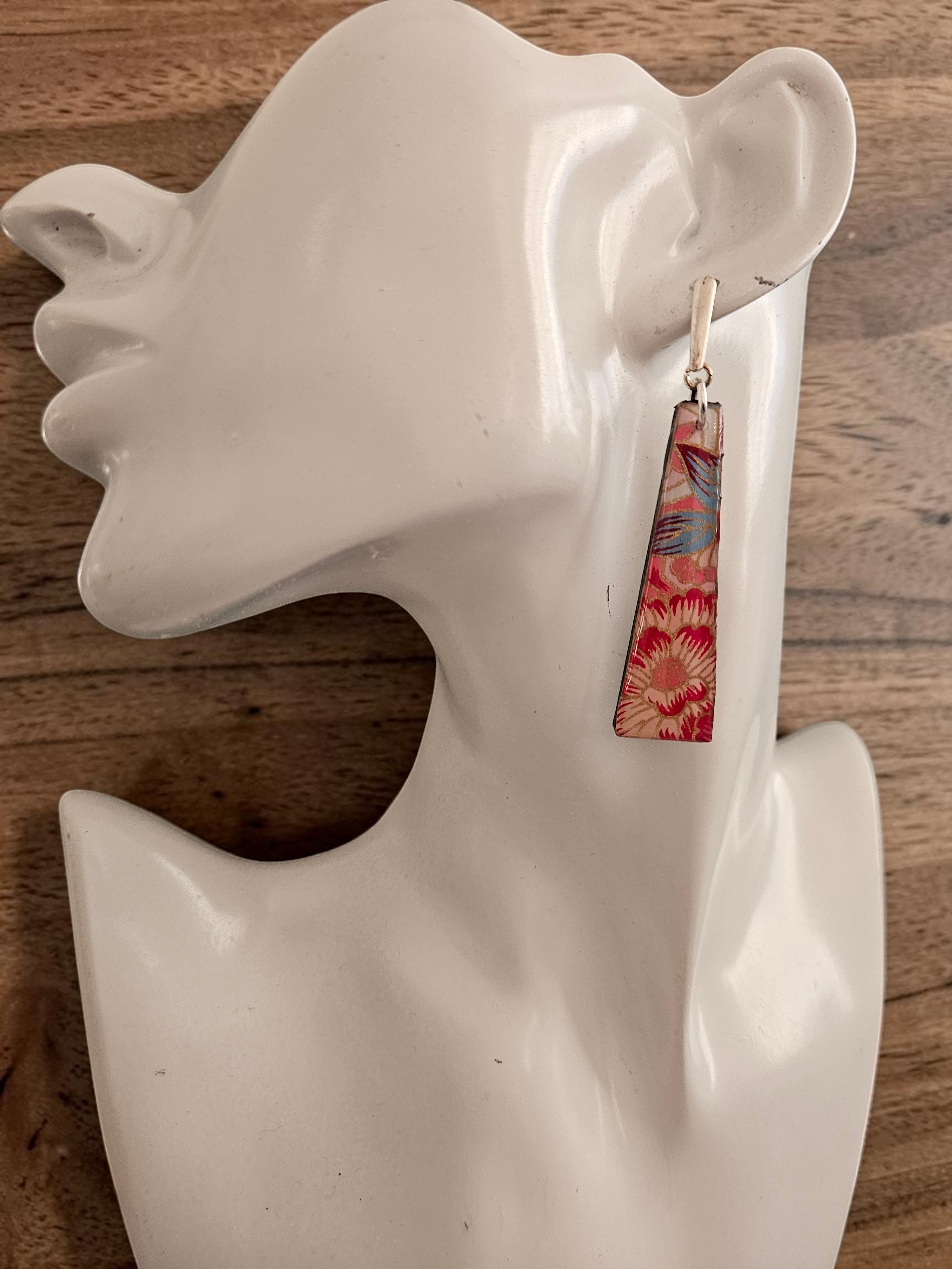 Unique Japanese Chiyogami Paper Earrings - Deep Pink Gold Accent
