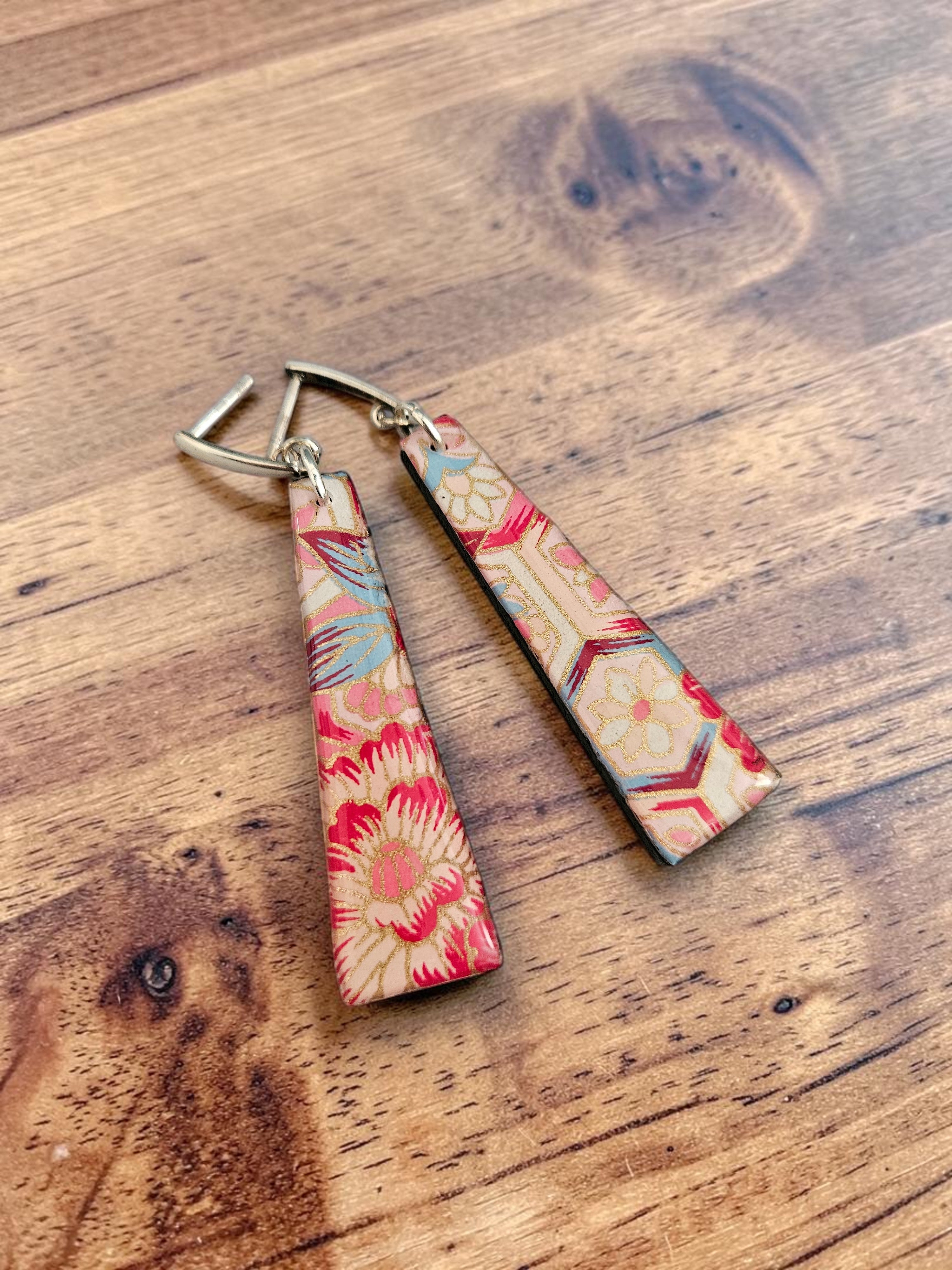 Unique Japanese Chiyogami Paper Earrings - Deep Pink Gold Accent