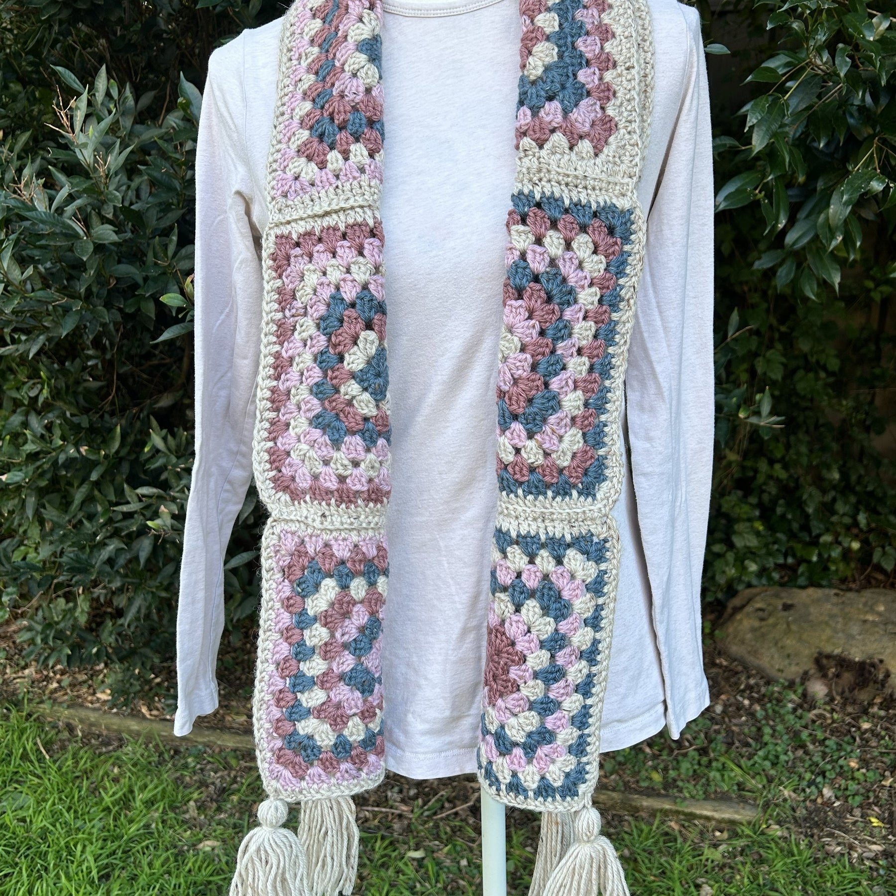 Granny Square Crochet Scarf with Tassels