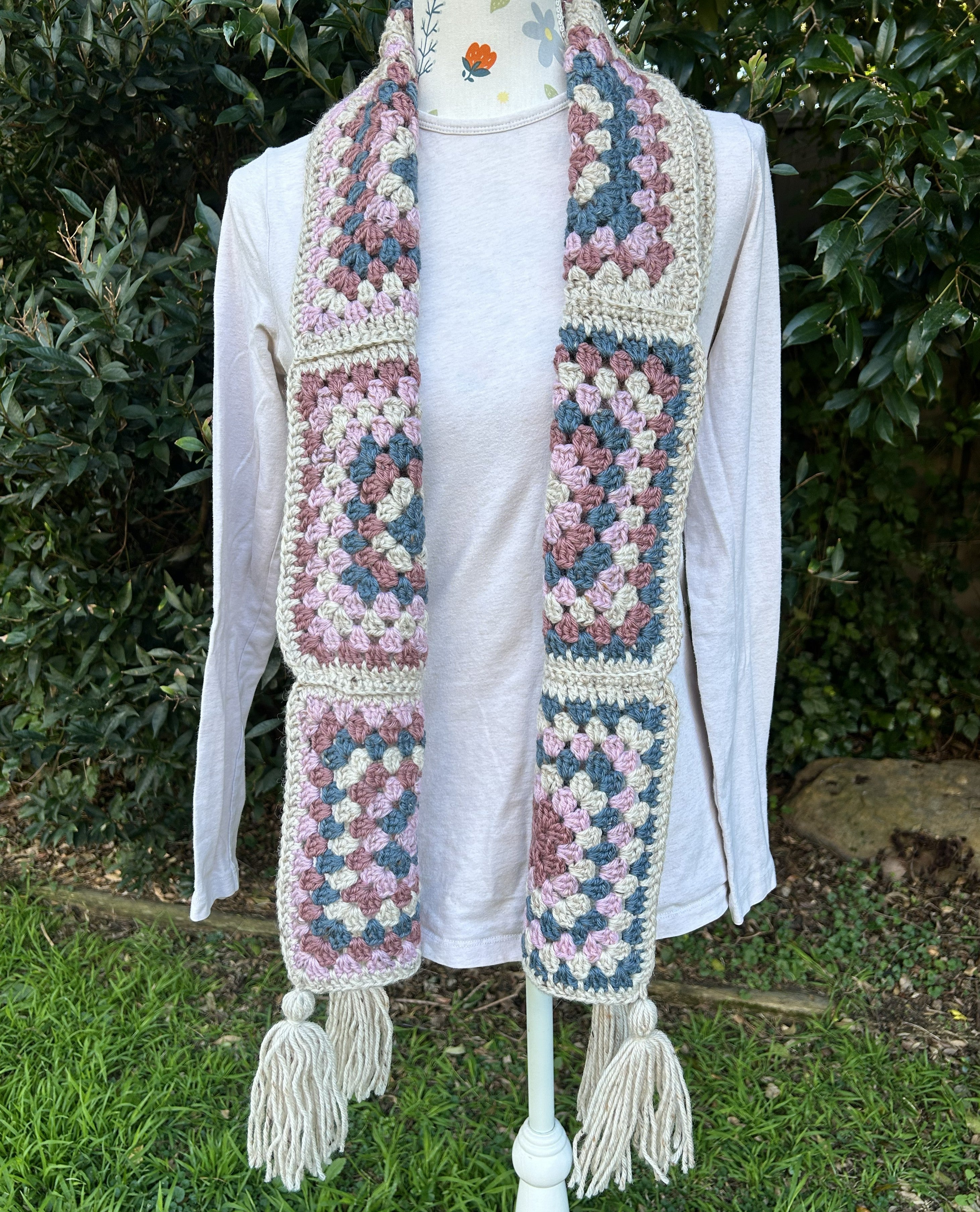 Granny Square Crochet Scarf with Tassels