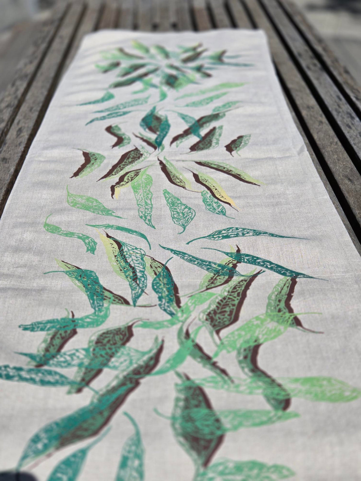 Hand Screen Printed Linen Table Runners-Eucalypt Fallen Leaves (choice of 2 colourways)