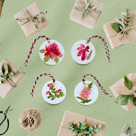 Handmade Australian Floral Christmas Gift Tags – Waratah, Kangaroo Paw, Banksia & Bottlebrush | Gift & Keepsake Art Tags| Free Shipping