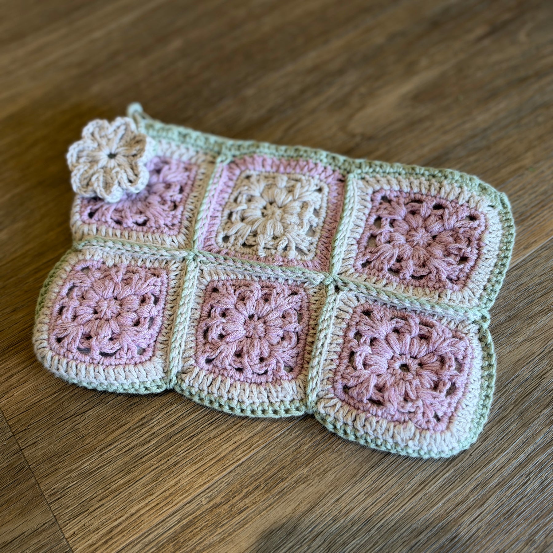 Pastel Pink & Sage Crochet Pouch – Handmade Granny Square Makeup Bag