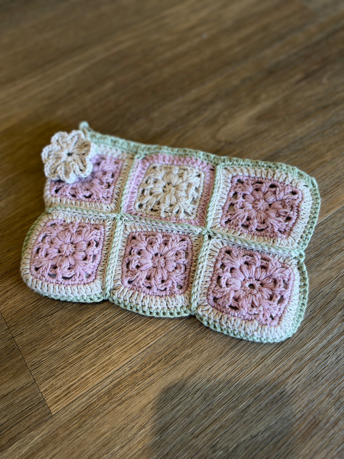 Pastel Pink & Sage Crochet Pouch – Handmade Granny Square Makeup Bag