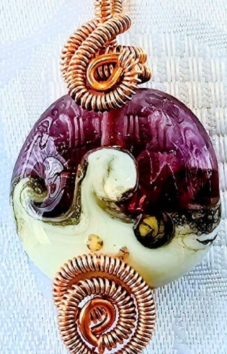 Purple and Cream Swirl Wirewapped Lampwork Pendant FREE POST