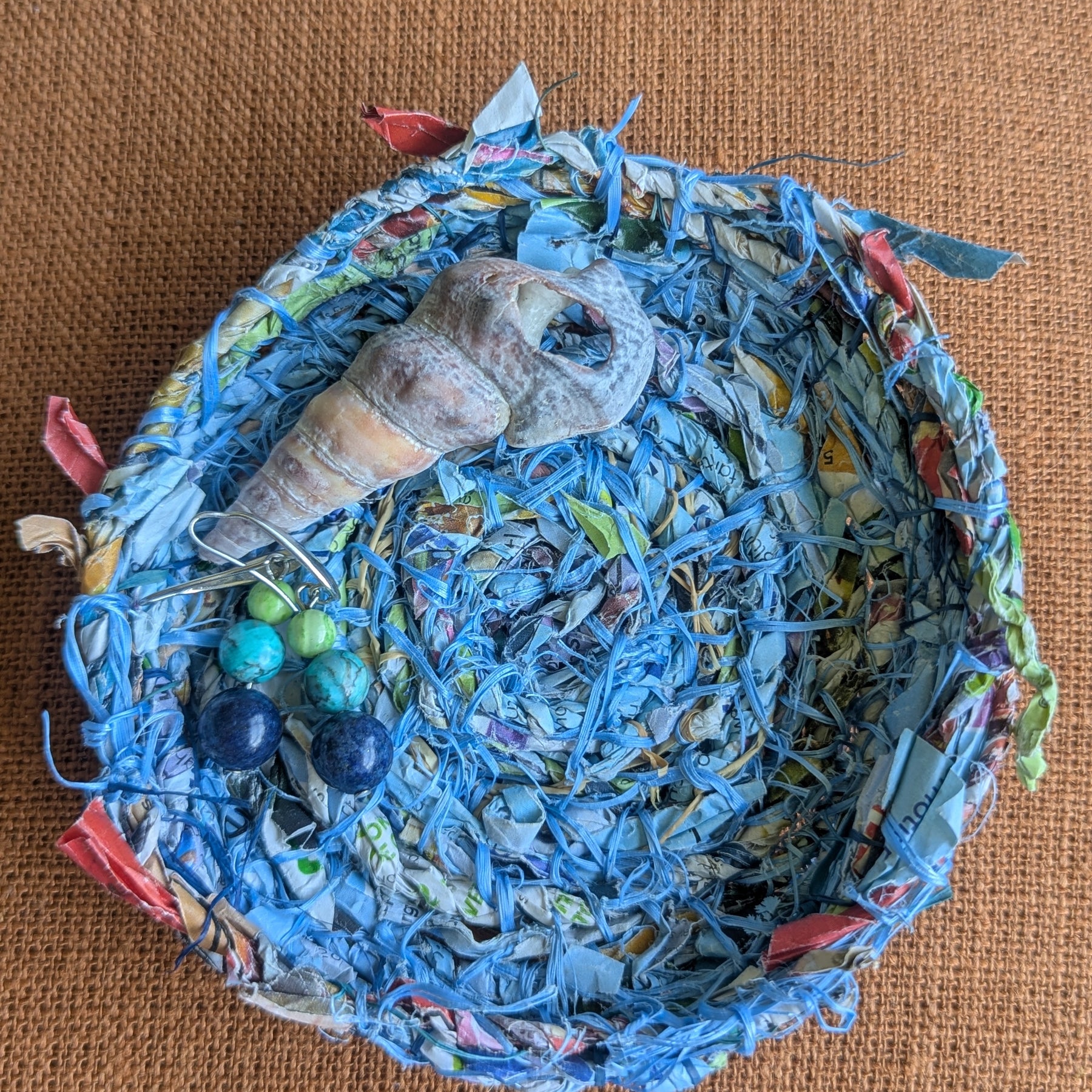 Basket Marine Rope fibre with Handmade Paper Cordage. | Small Blue Basket Upcycled Materials