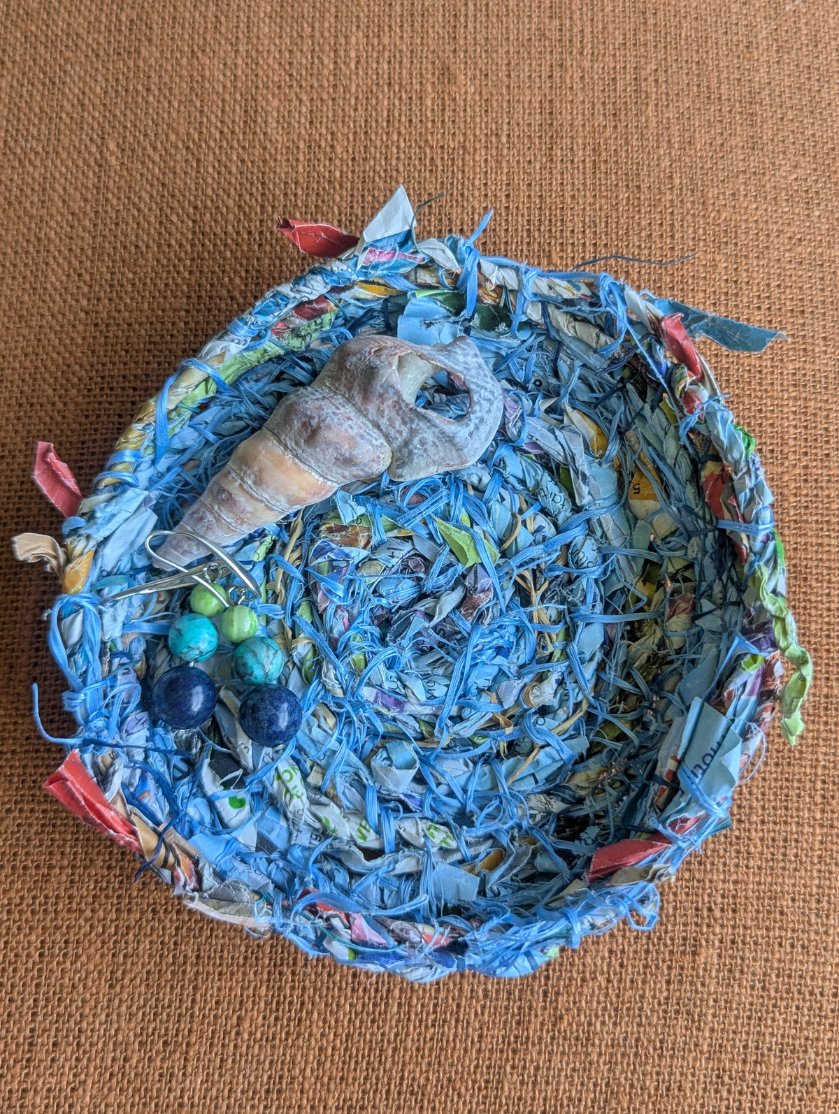 Basket Marine Rope fibre with Handmade Paper Cordage. | Small Blue Basket Upcycled Materials