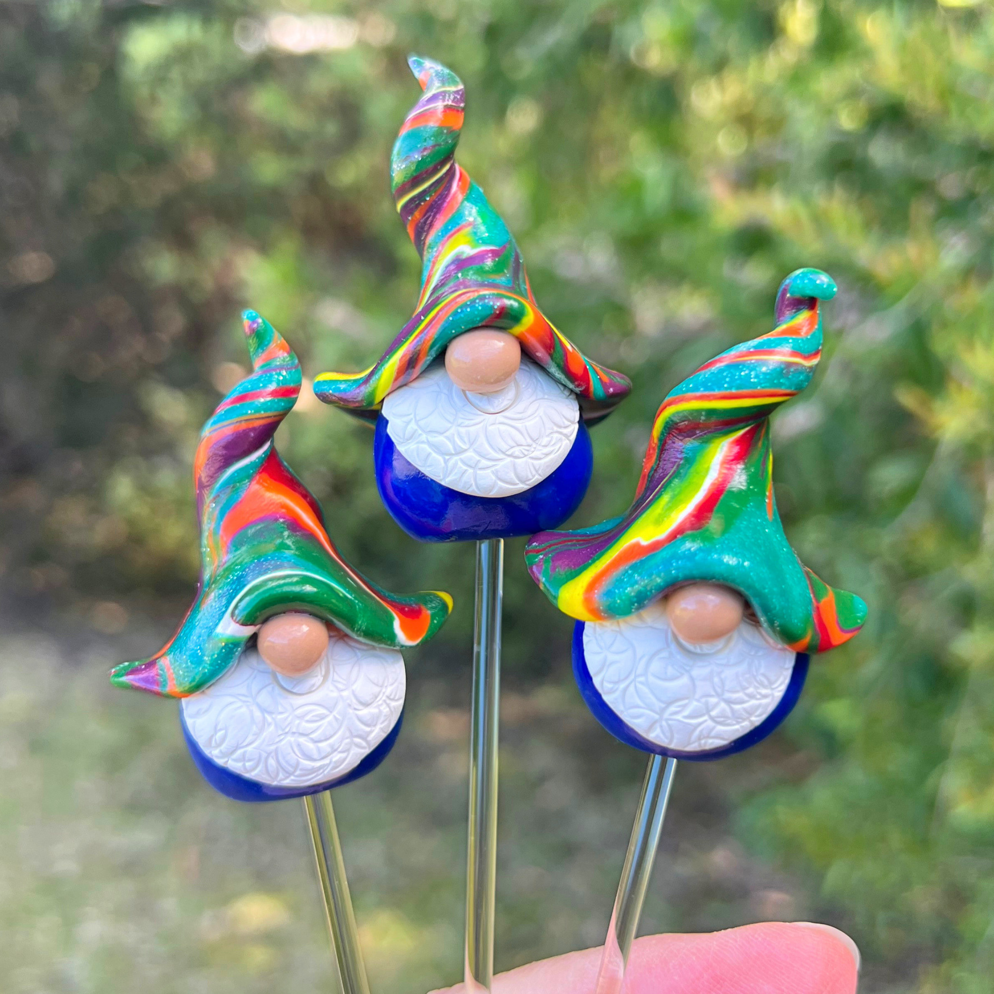 Whimsical polymer gnome trio - Frozzle, Kipper & Snop