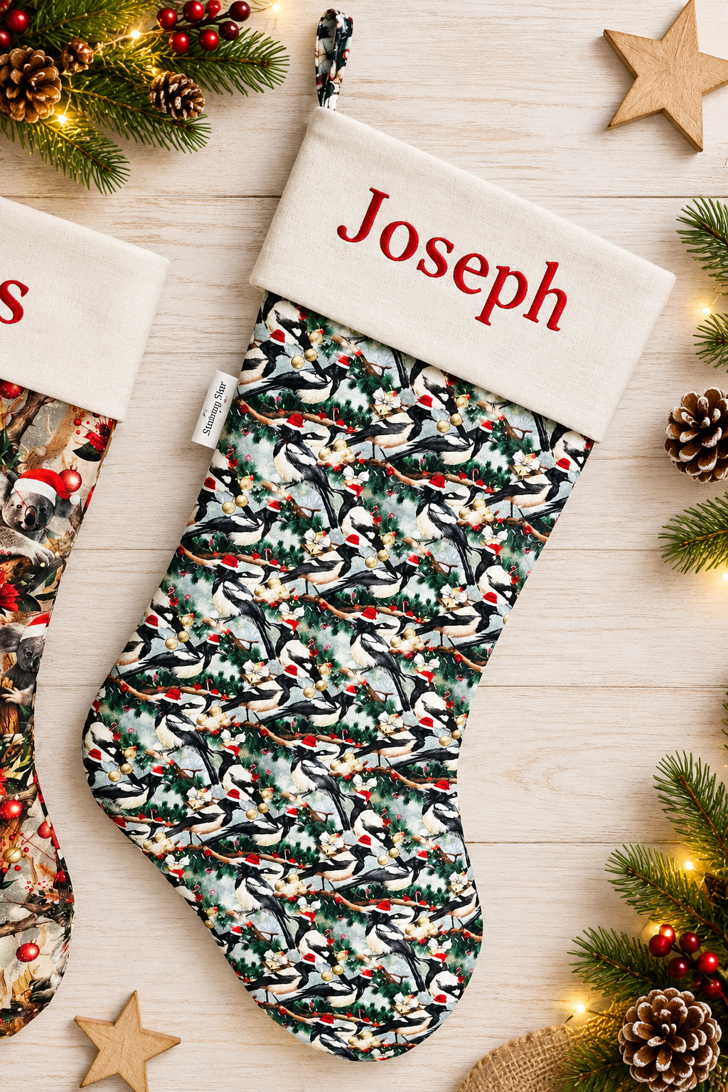 Personalized Quilted Christmas Stocking, 60cm Long, Australian Animals (Koala, Kangaroo, Magpie)