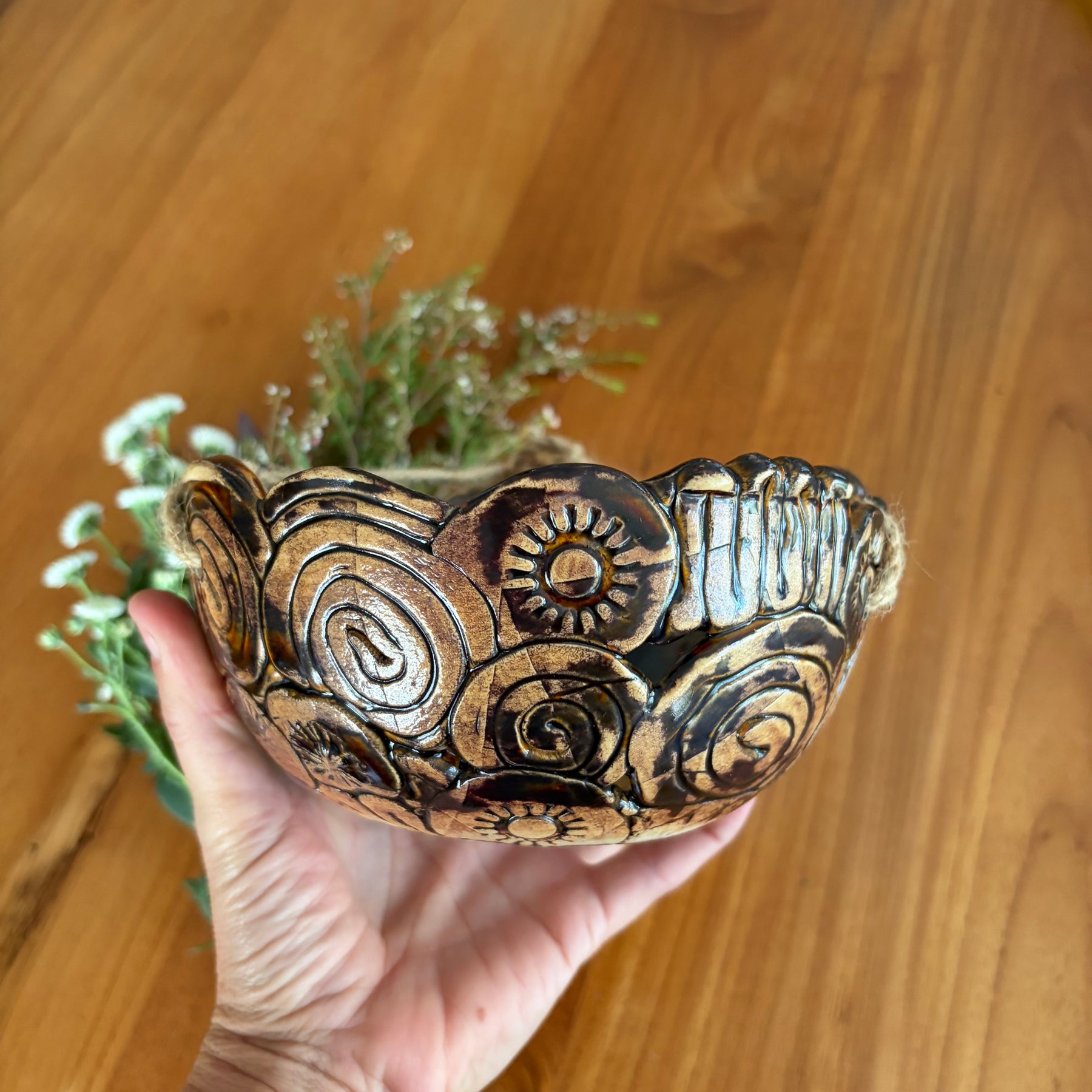 Unique Coil Pottery Hanging Planter - Brown/Black