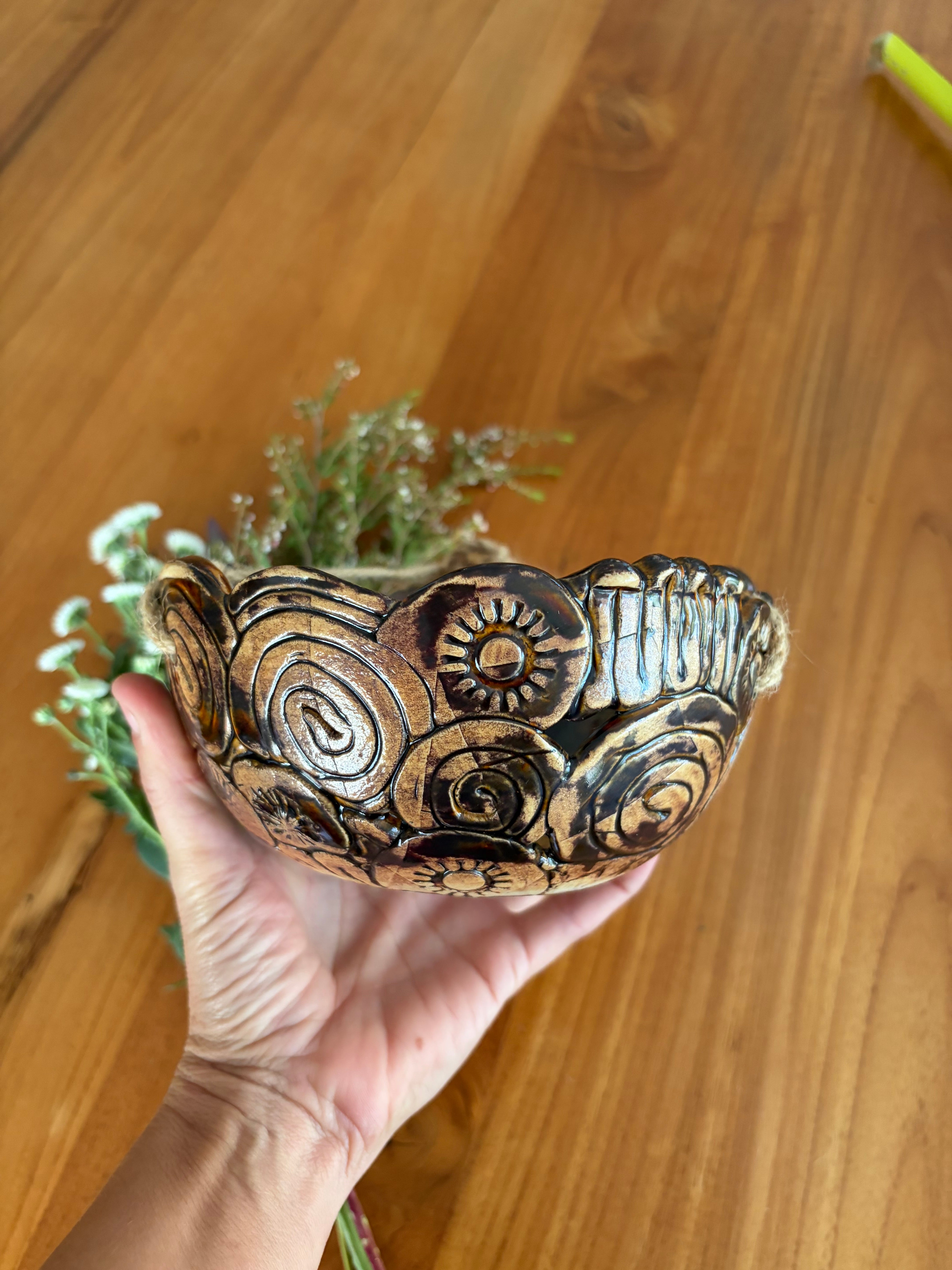 Unique Coil Pottery Hanging Planter - Brown/Black