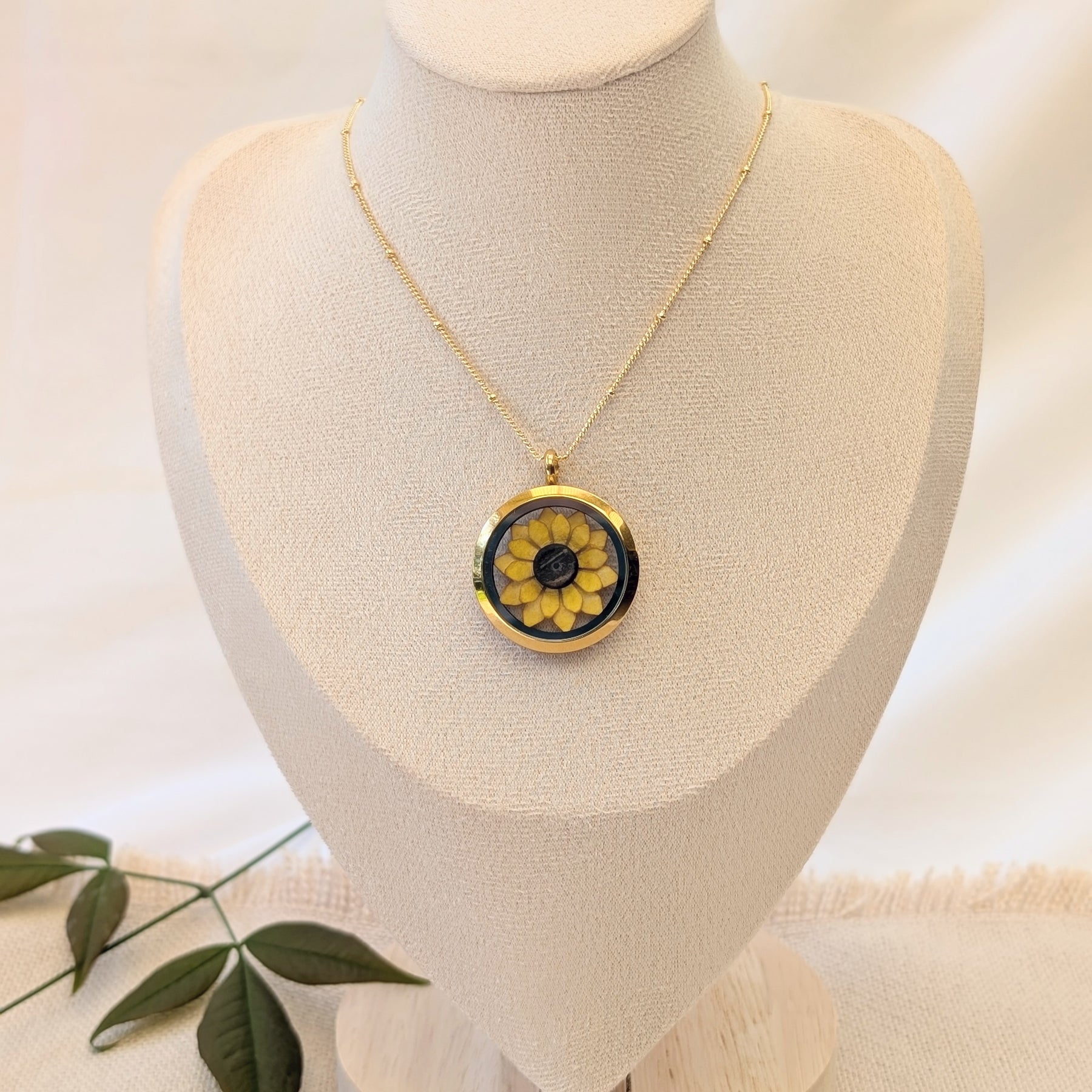 Sunflower Necklace | Handmade Paper Flower Floating Locket | Gold-Plated Chain
